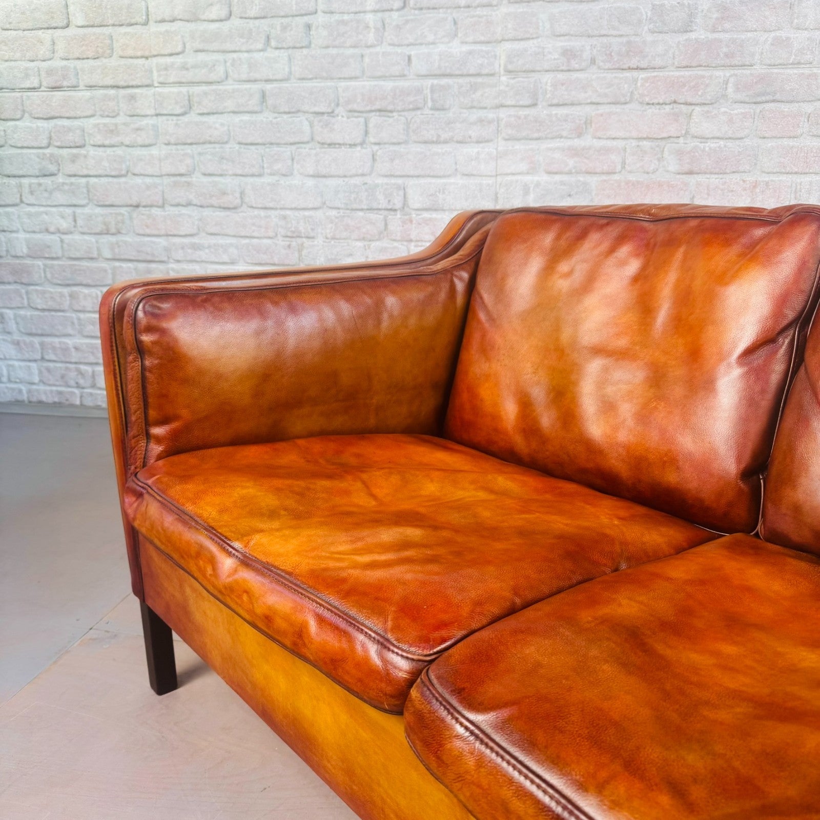 Vintage Danish Tan Leather Two-Seater Sofa 1970s Mid Century Hand Dyed