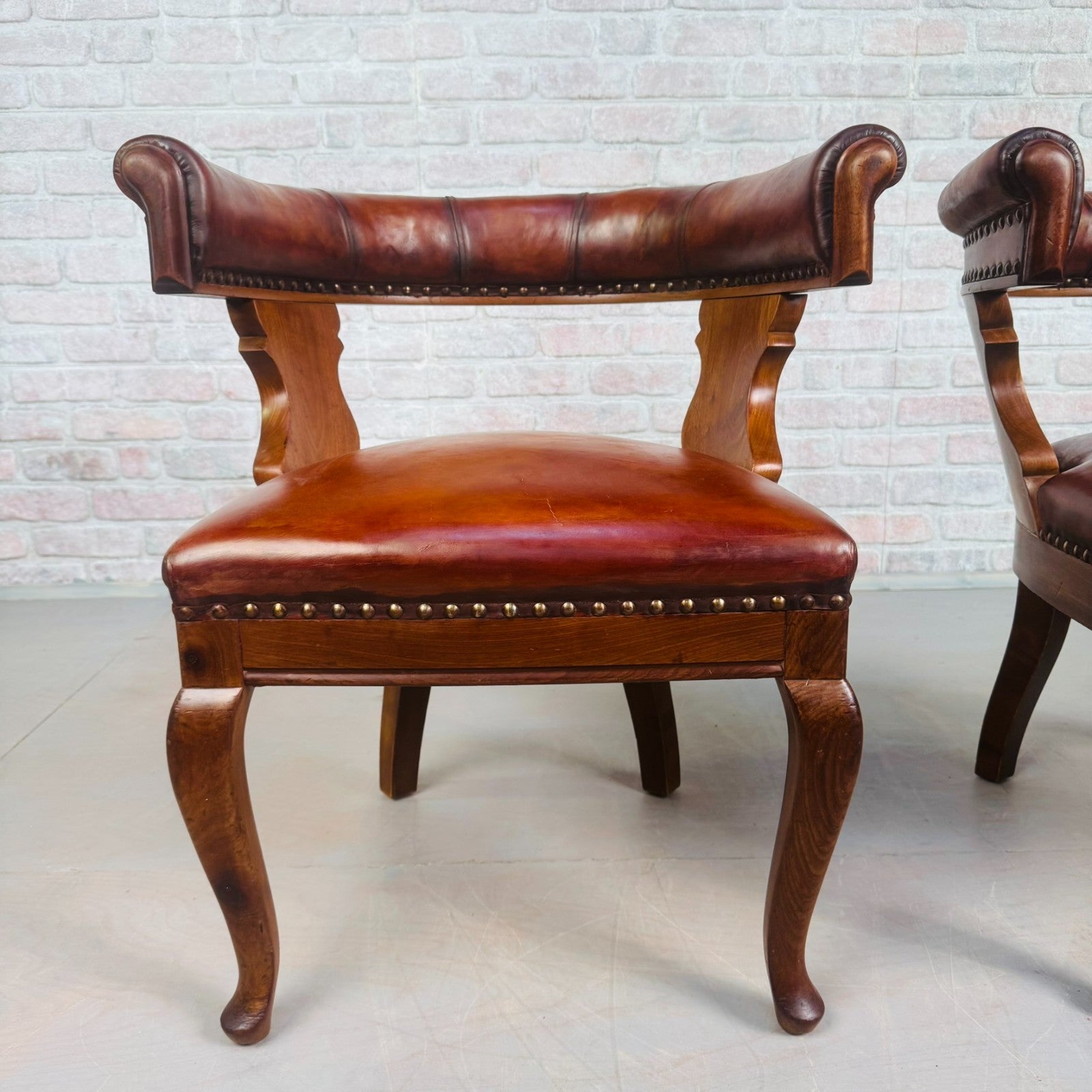 Pair of 40s Antique Danish Tan Leather Partner’s Desk Chairs Walnut Frame