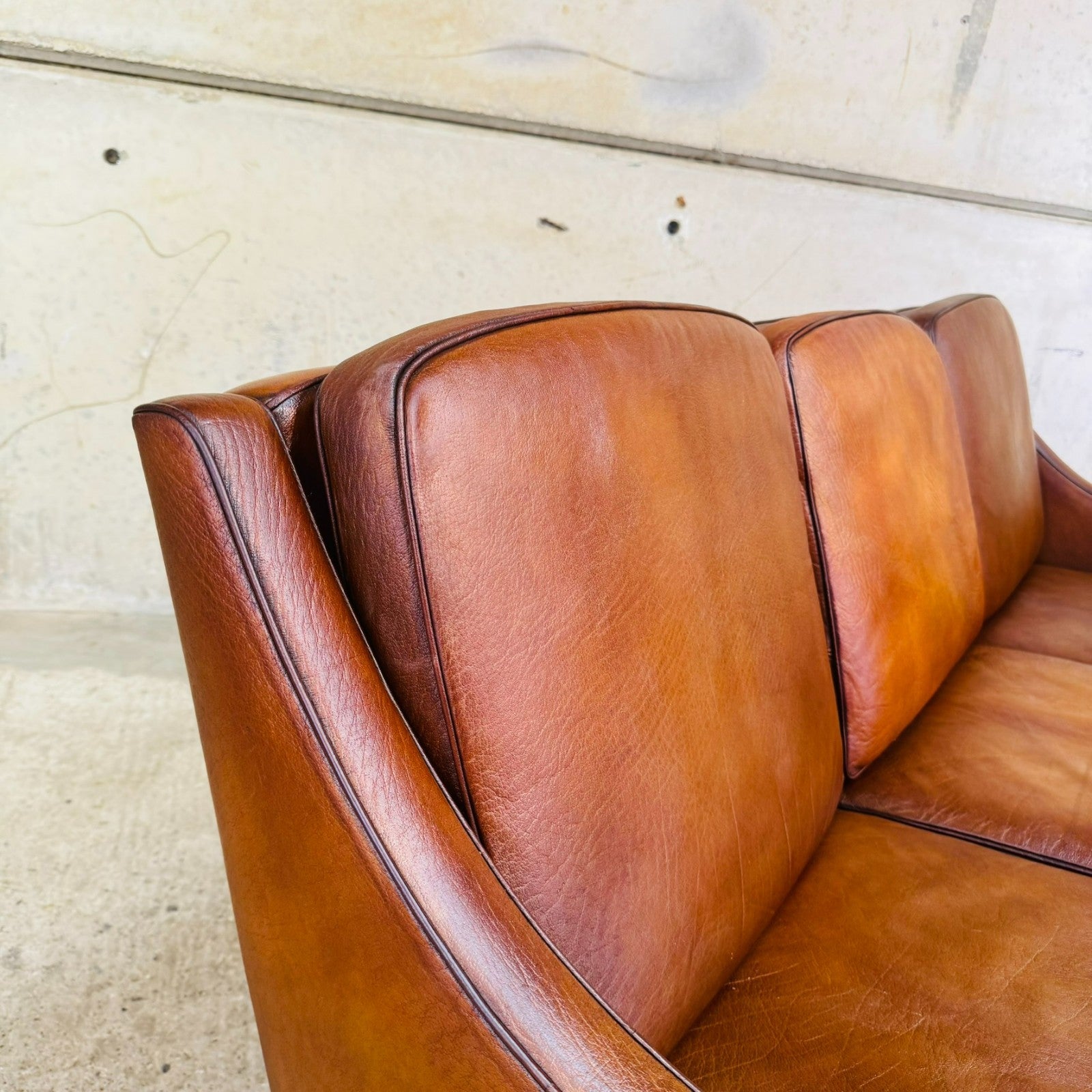Vintage 1960s Danish Tan Leather Three-Seater Sofa