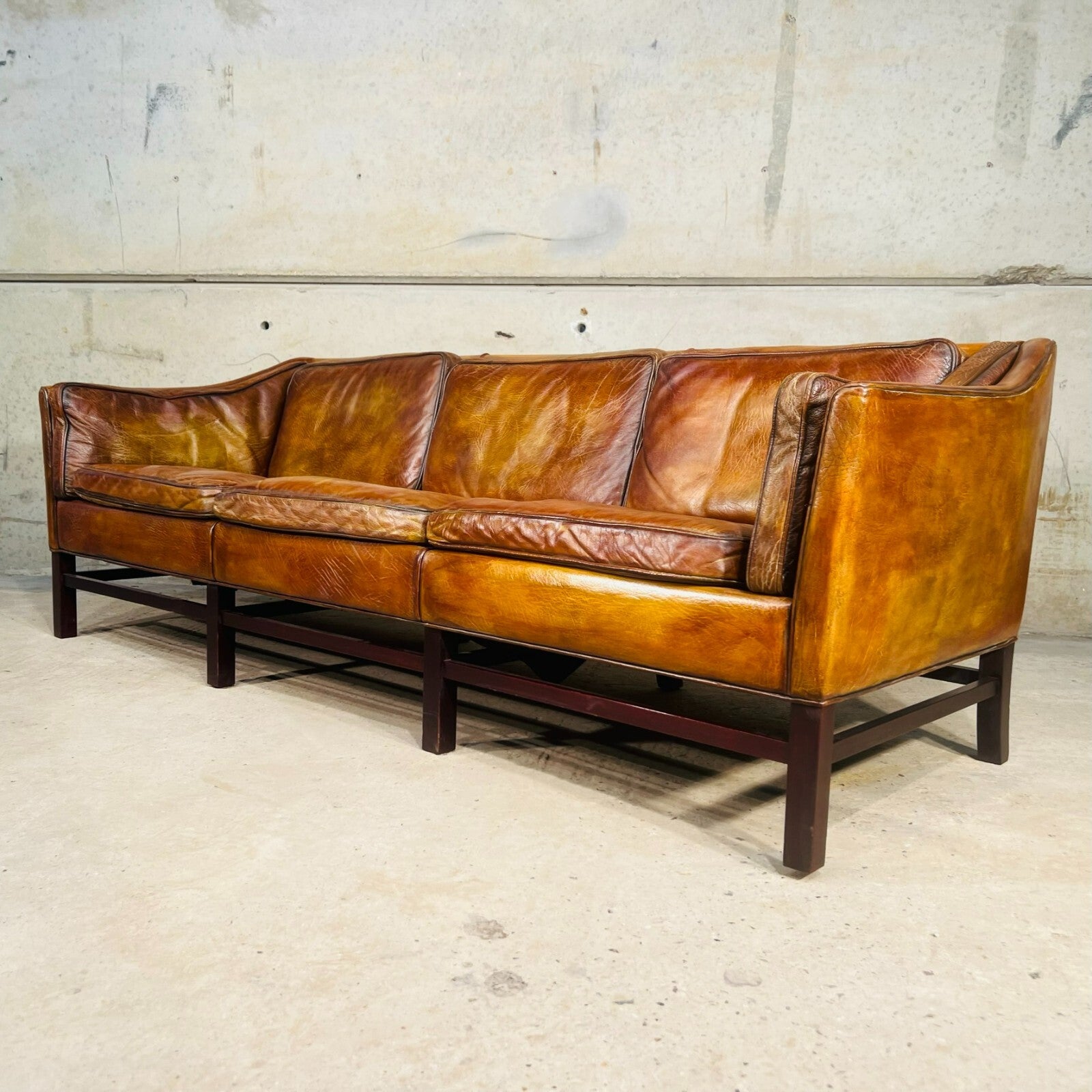 Vintage Erik Jorgensen 70s Danish Tan Three-Seater Leather Sofa