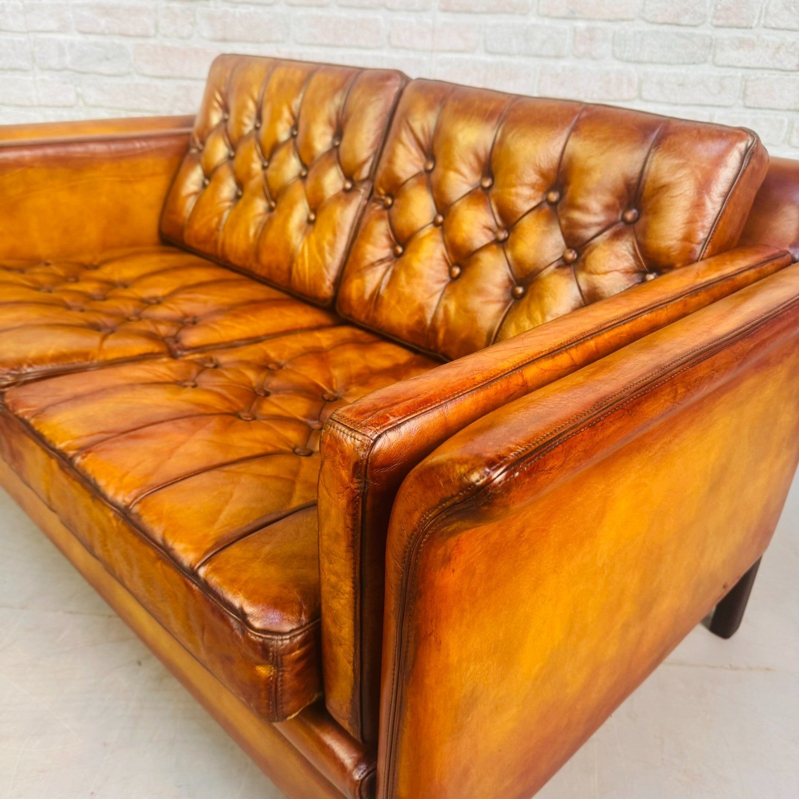 Vintage 1970s Danish Tan Leather 2 Seater Sofa Buttoned Mid Century