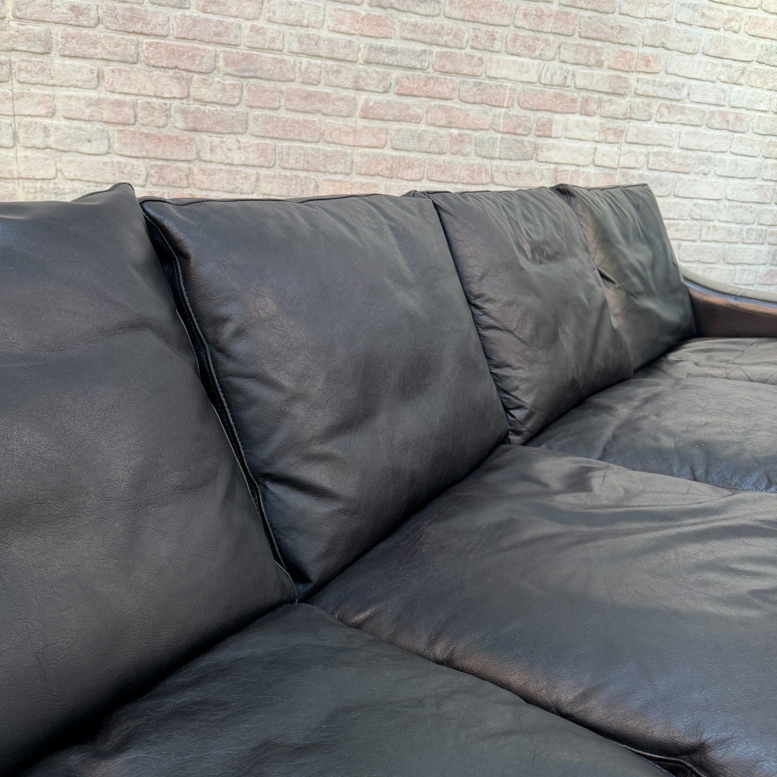 Vintage 1970s Danish George Thams Black Hand-Dyed Leather Four Seater Sofa
