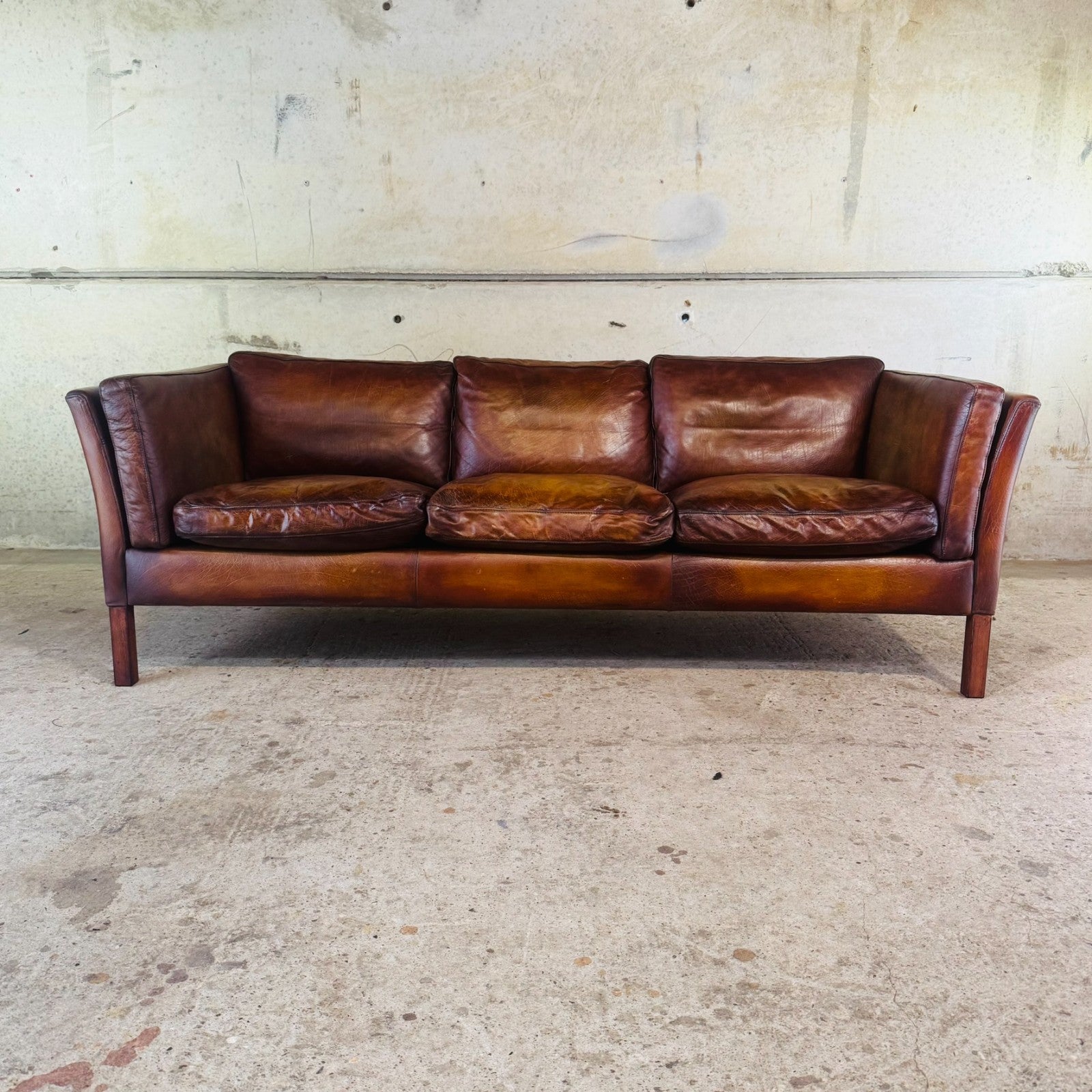 Danish Vintage Tan Leather Three-Seater Sofa — Sleek & Elegant