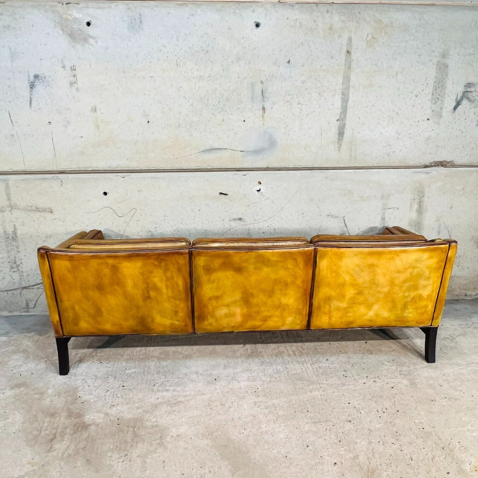 Vintage 1970s Danish Erik Jorgensen Patinated Light Tan Three-Seater Leather Sofa
