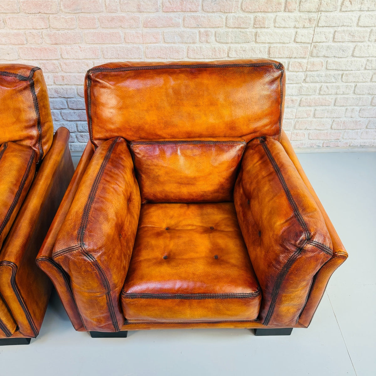 Huge Pair Vintage Roche Bobois Hand Dyed Tan Leather Armchairs