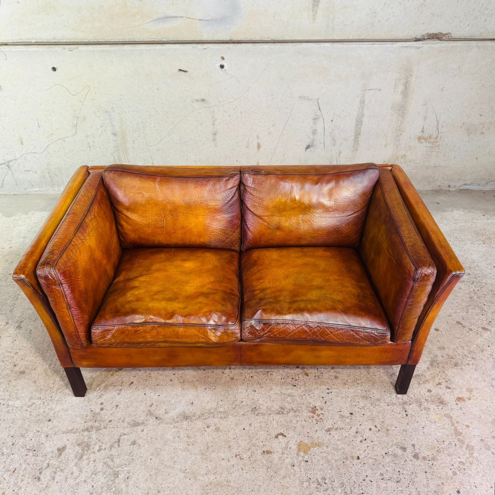 Vintage 1970s Danish Tan Leather Two-Seater Sofa