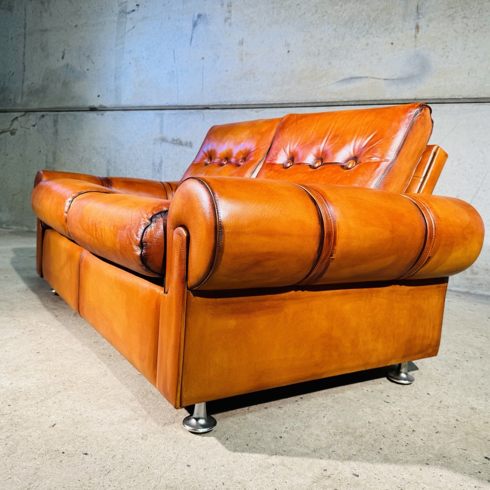Vintage RetroDanish Leather Two Seater Sofa Hand Dyed Tan, Strap Detail