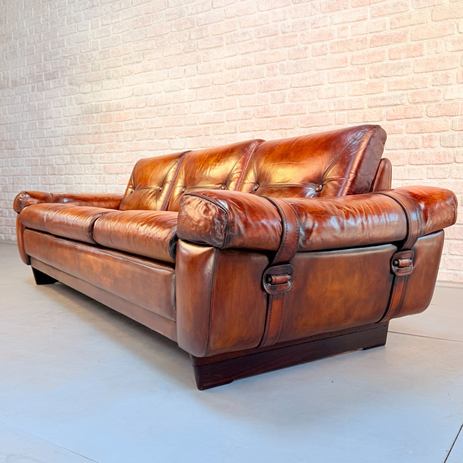 Vintage Svend Skippers Danish Tan Leather 3 Seater Sofa Hand Dyed Patina