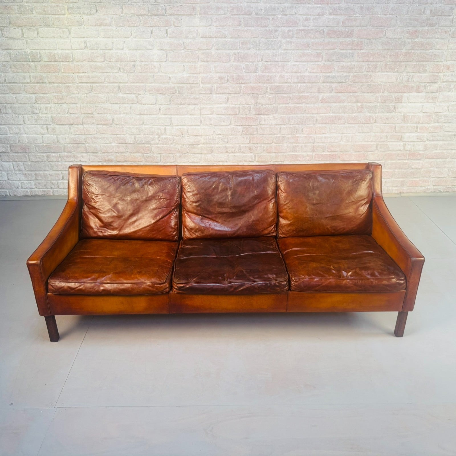 1960s Swedish Patinated Tan Leather 3-Seater Sofa – Dark Walnut Legs