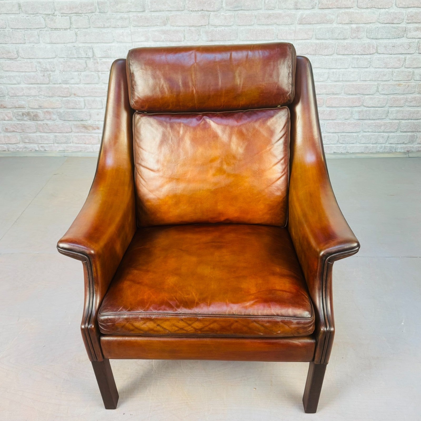 Vintage 1960s Aage Christiansen High Back Tan Leather Armchair