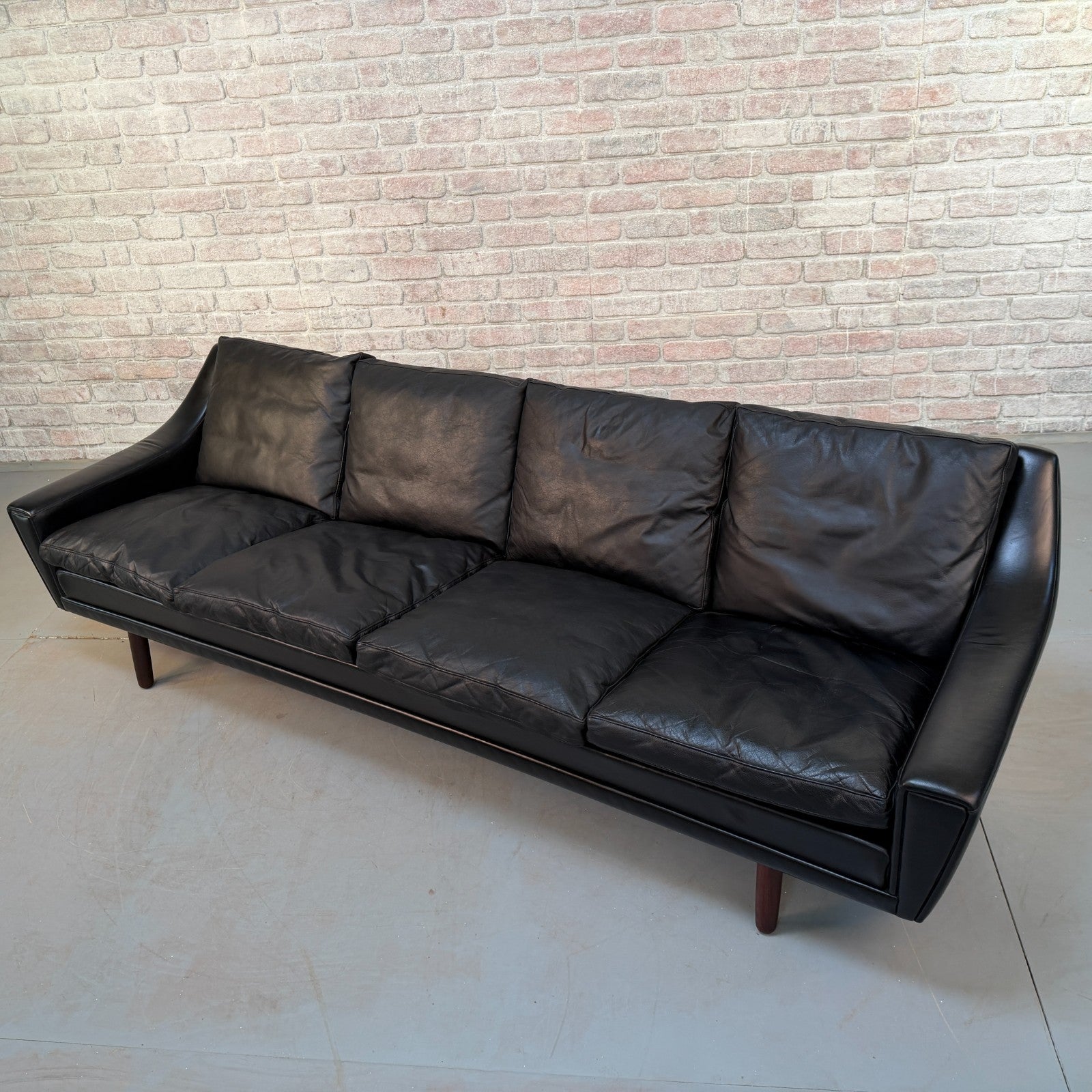 Vintage 1970s Danish George Thams Black Hand-Dyed Leather Four Seater Sofa