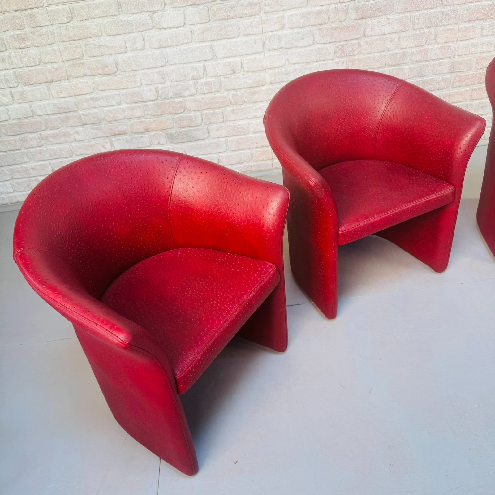 Set of Vintage Italian Red Faux Ostrich Leather Tub Chairs