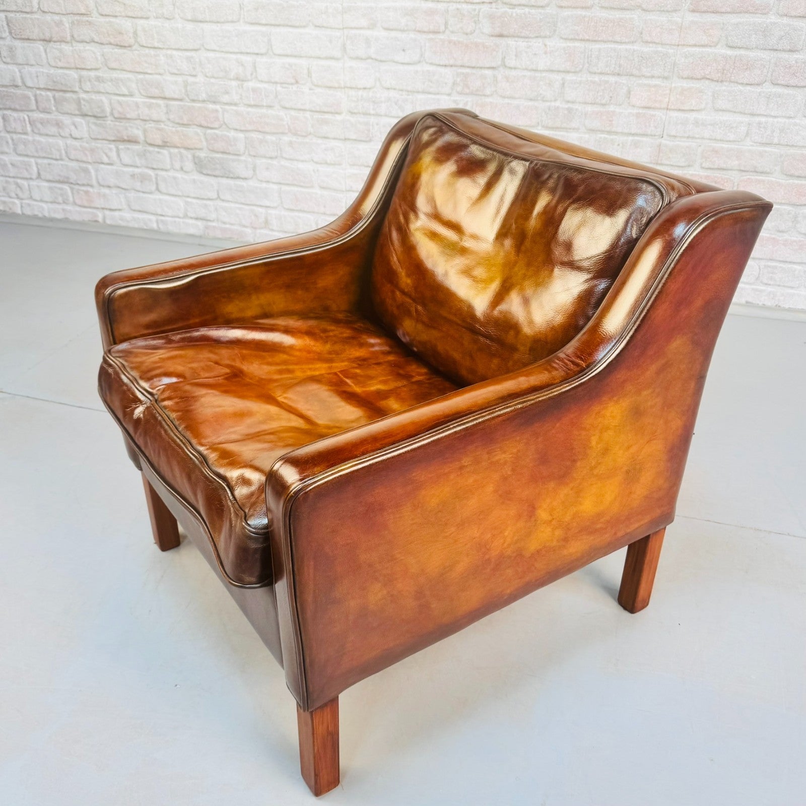 Vintage Danish Børge Mogensen Style Tan Leather Armchair & Footstool