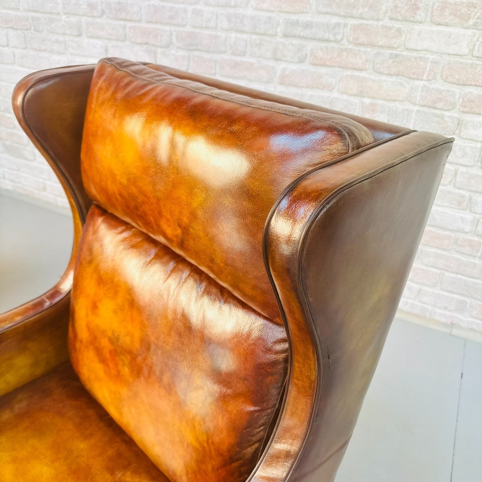 Pair Vintage Danish Wingback Chairs & Footstool Tan Leather Lounge Set