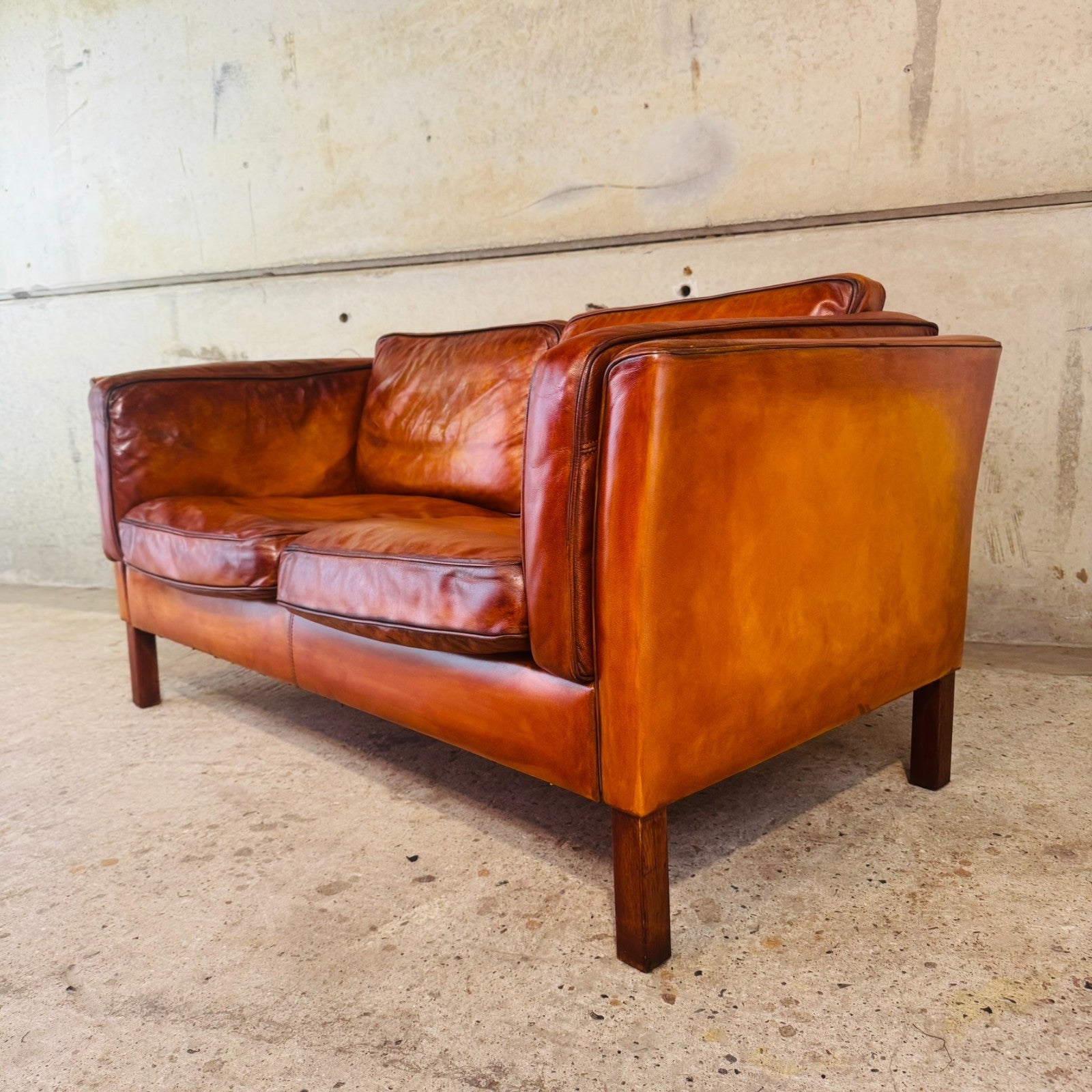 Danish Light Tan Leather 2 Seater Sofa — Elegant Lines