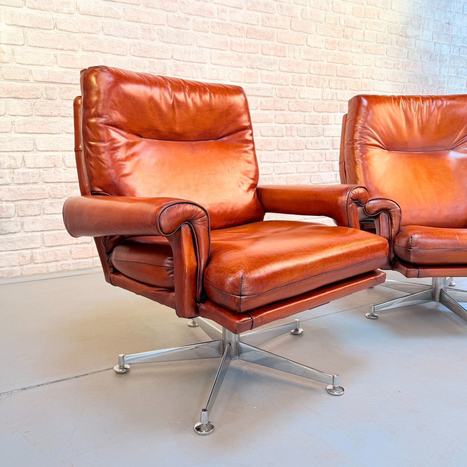 Pair 1970s Howard Keith His & Hers Cognac Leather Swivel Armchairs Vintage