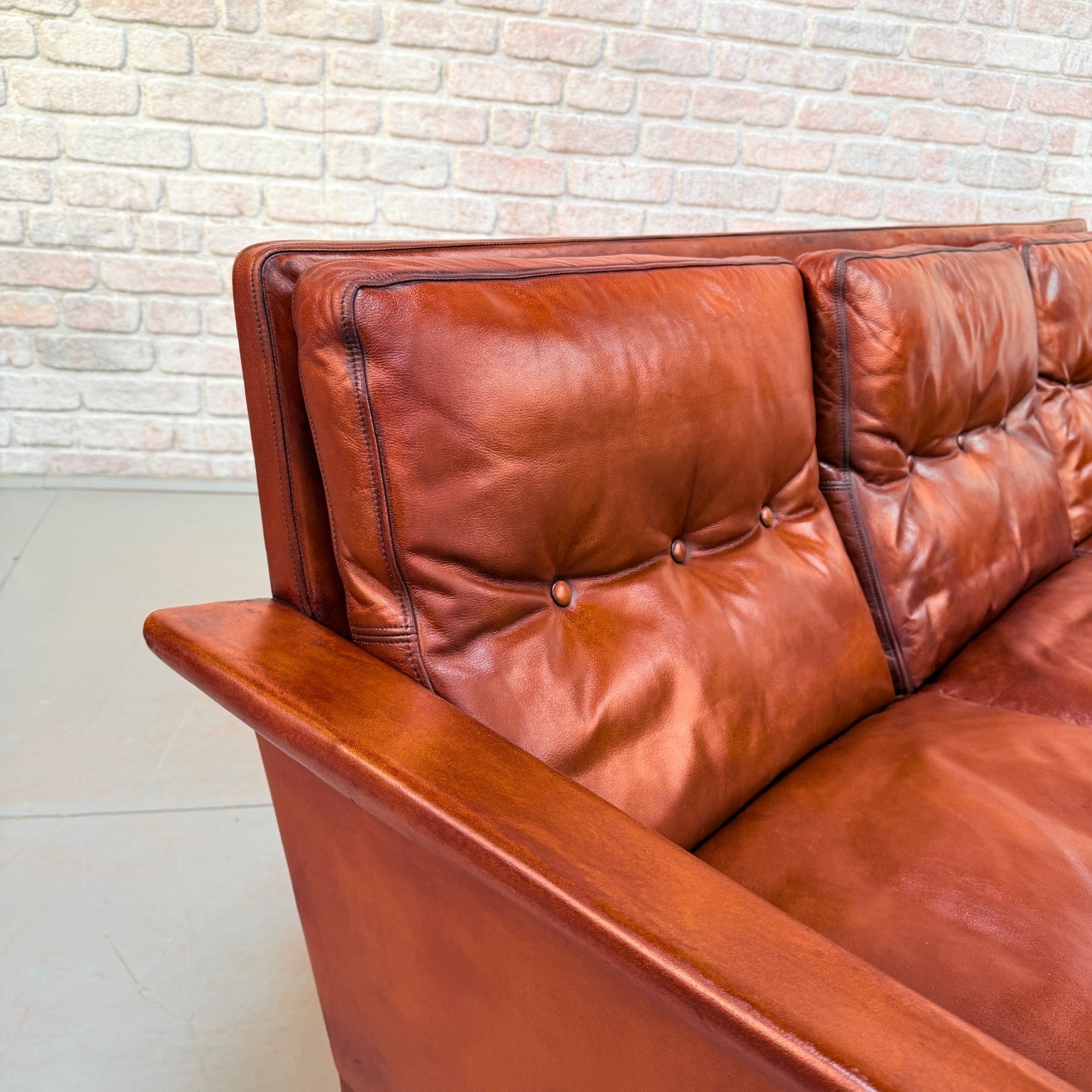 Vintage 1960s Danish Hans Olsen Brown Hand-Dyed Leather Three Seater Sofa