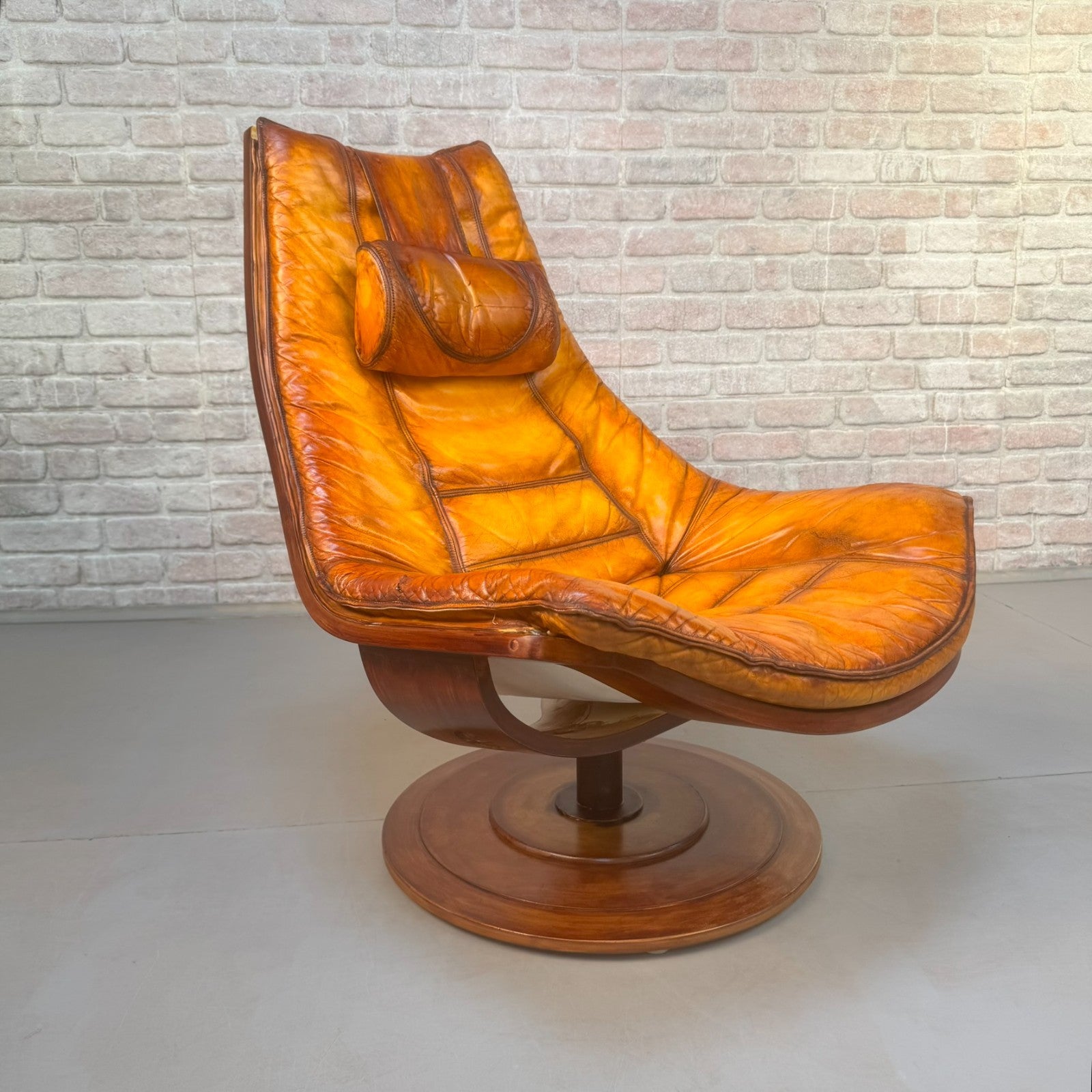 Vintage 1970s Swedish Swivel Lounge Chair | Hand Dyed Light Tan Leather