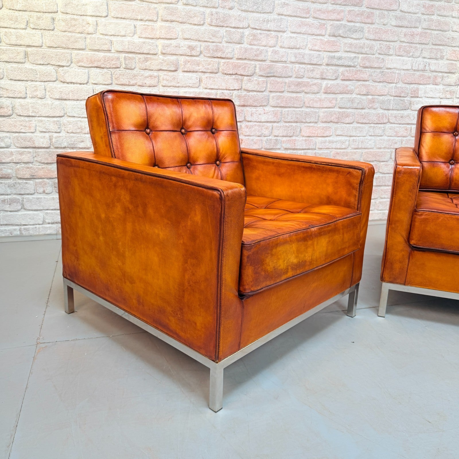 Vintage Pair of Florence Knoll Style Tan Leather Armchairs