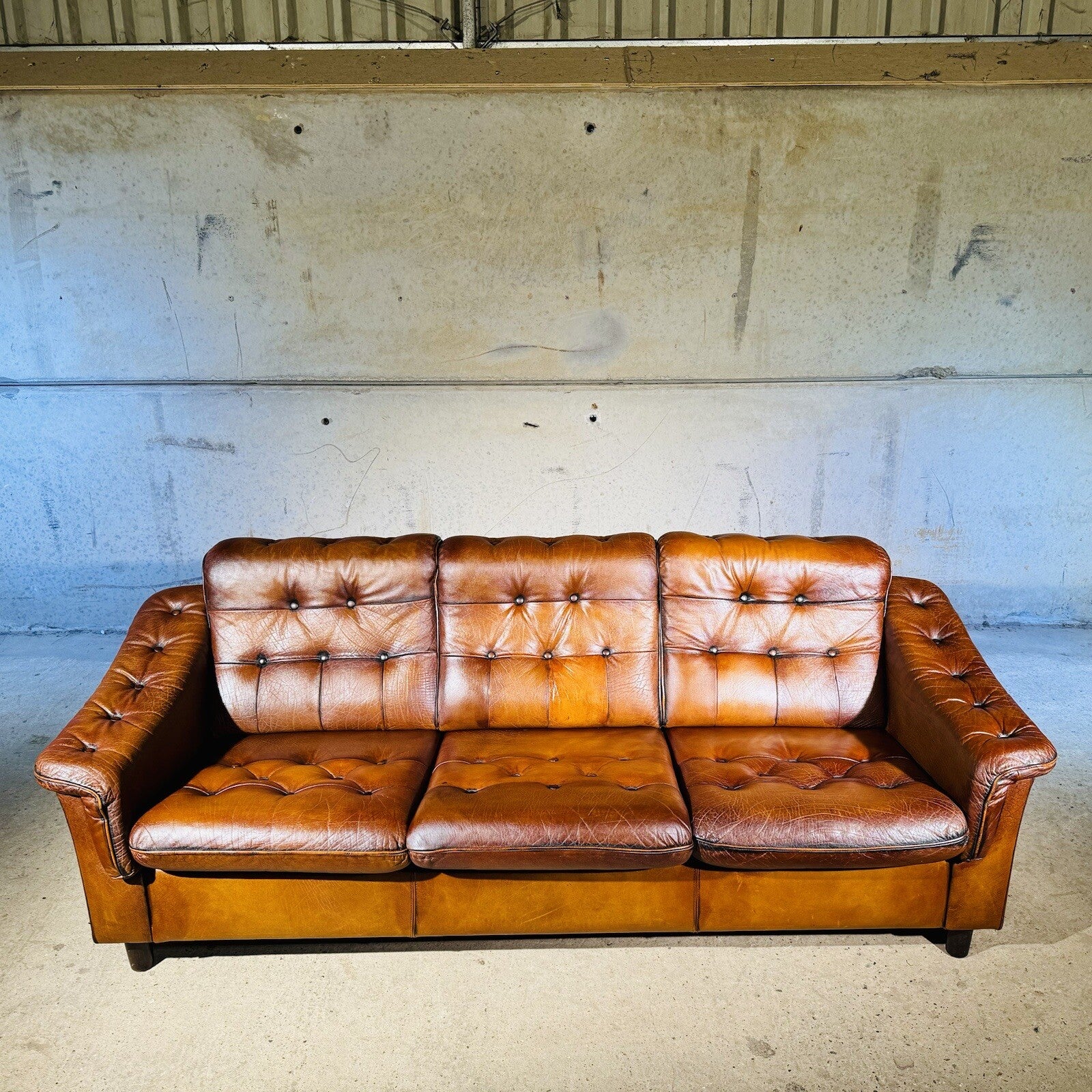 Vintage Danish Three-Seater Sofa - Bull Neck Leather, Hand-Dyed Tan Finish