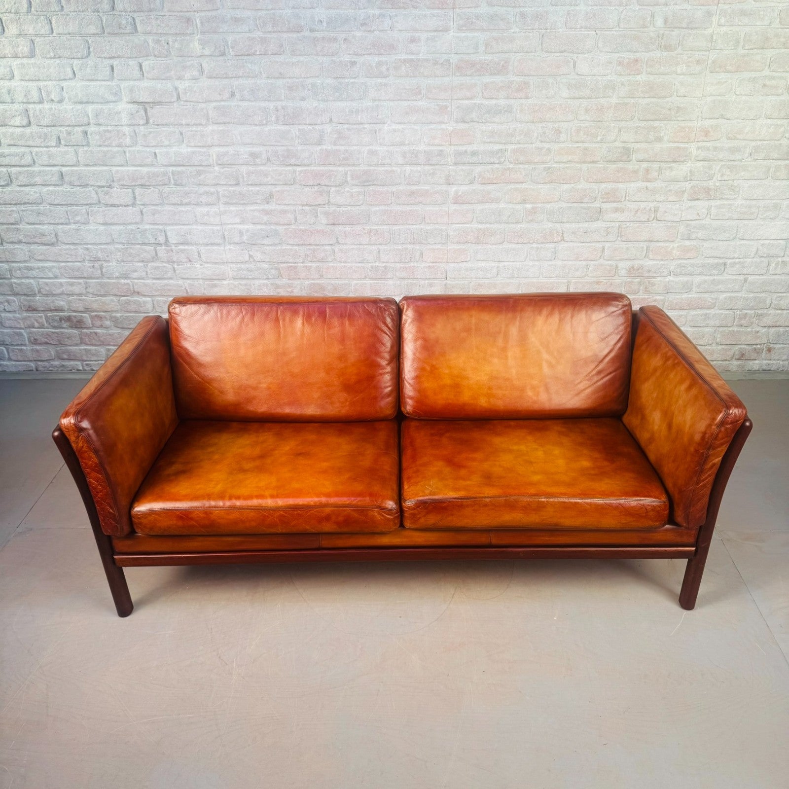 Vintage Danish 2.5 Seater Cognac Leather Sofa Beech Frame Mid Century