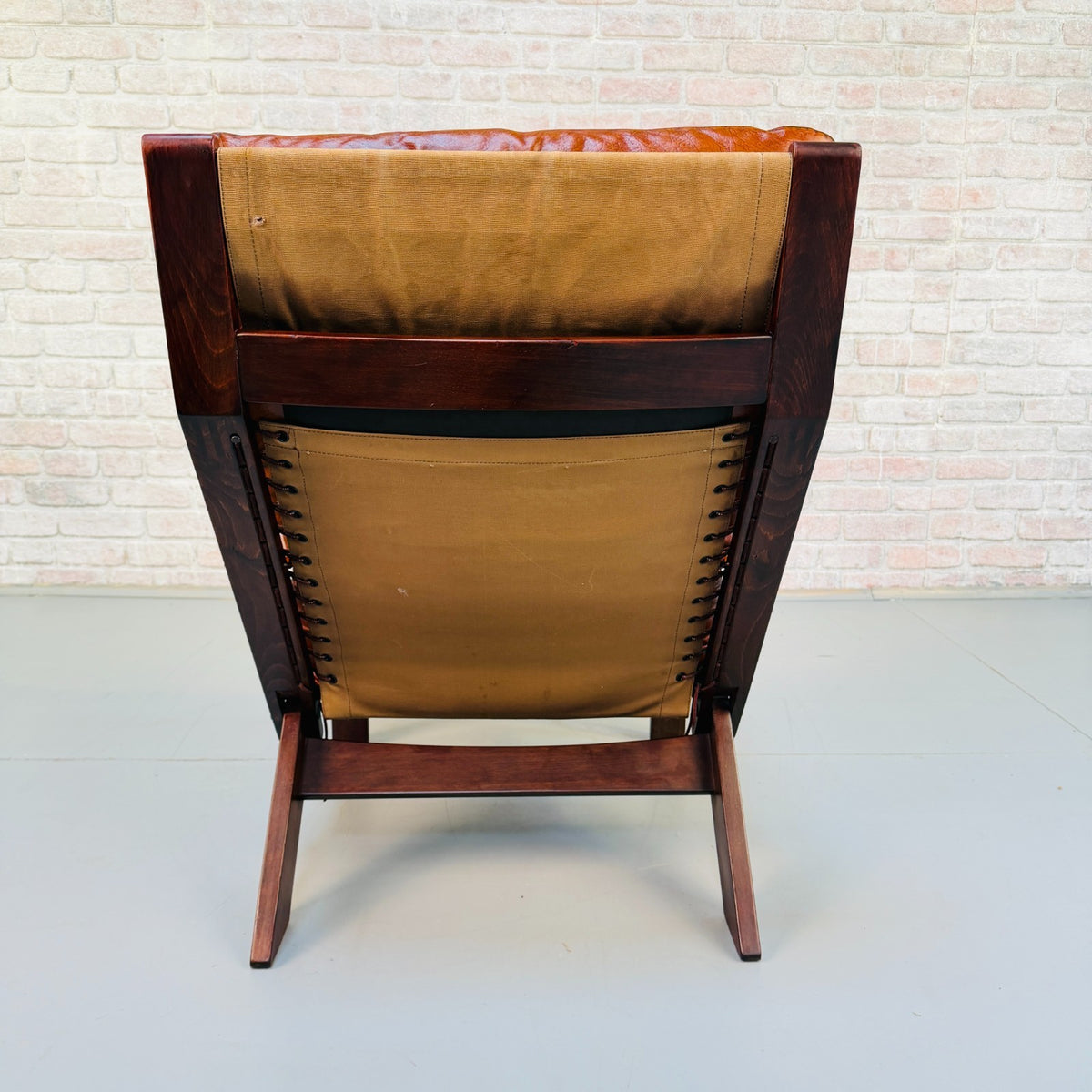 Vintage 1960s Danish Tan Leather Reclining High Back Armchair & Footstool