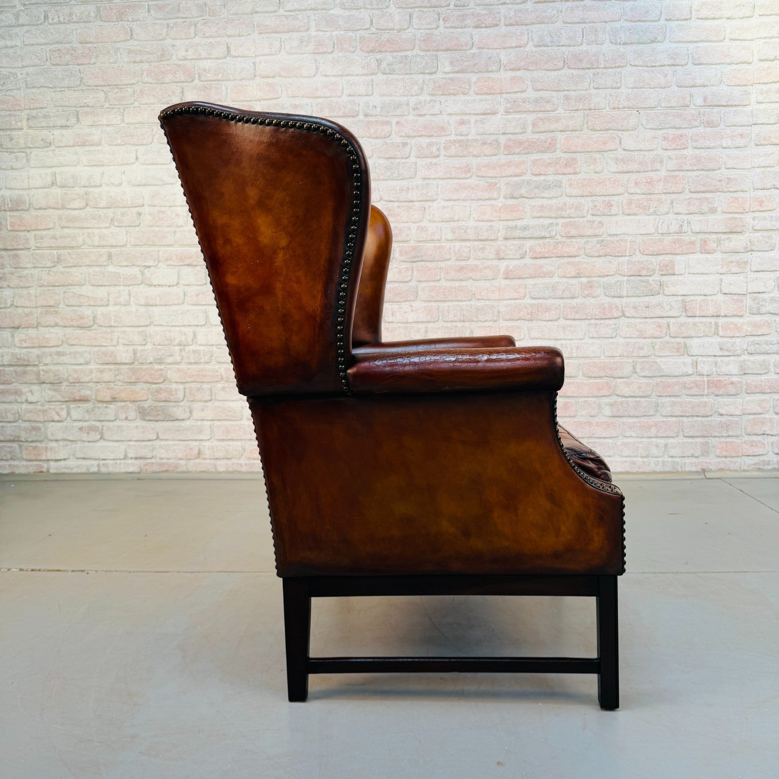 Vintage Danish Tan Hand-Dyed Leather Wingback Chair