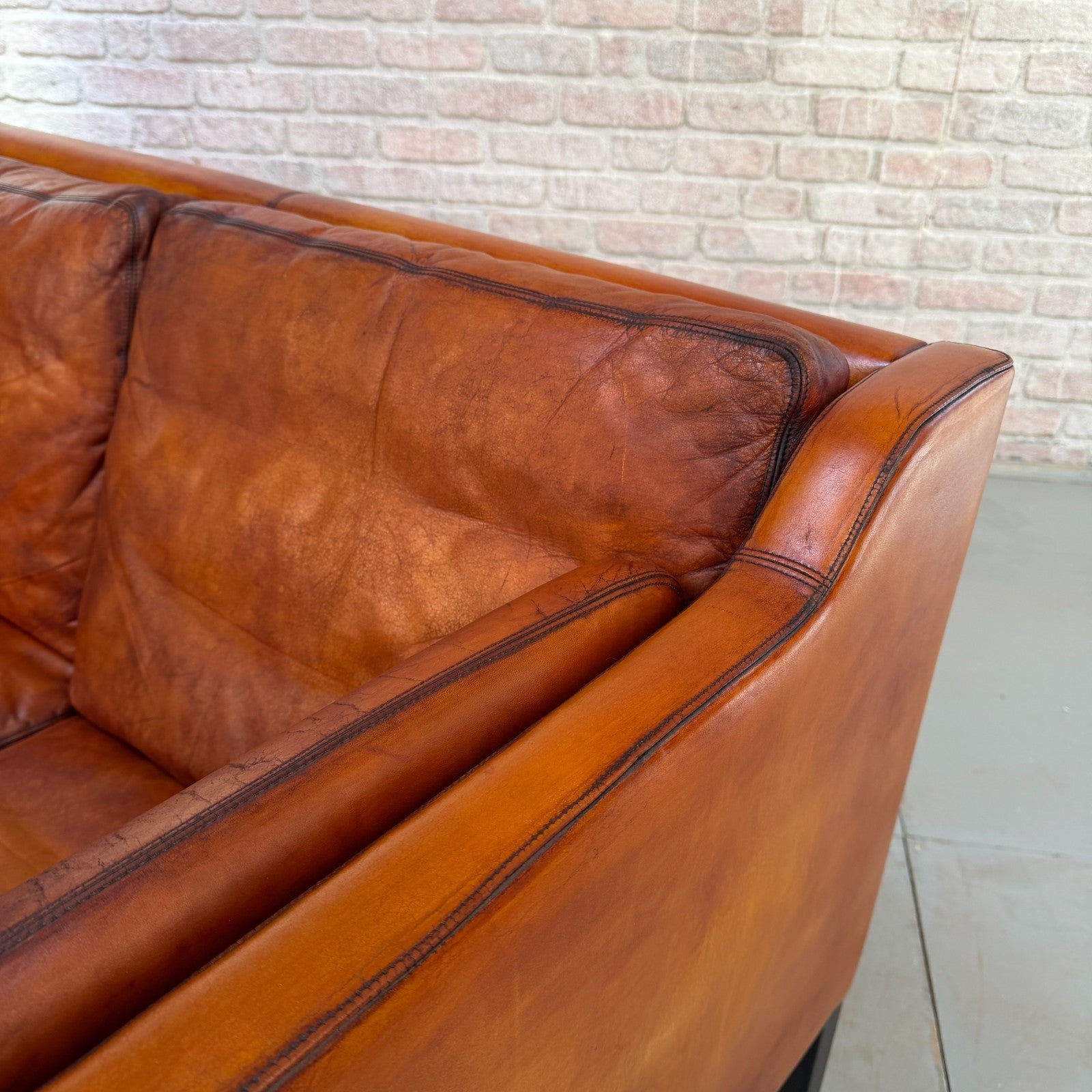 Vintage 1970s Thams Kvalitet Danish Cognac Hand-Dyed Leather Three Seater Sofa
