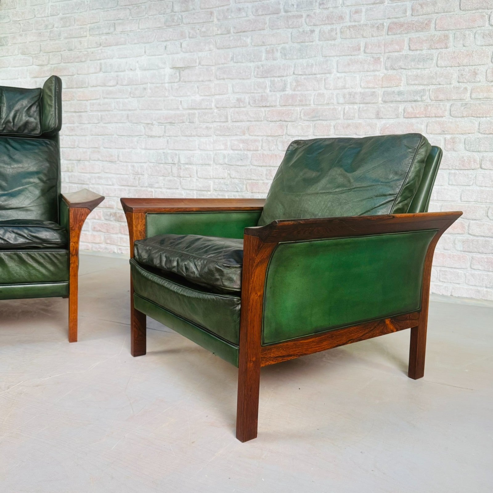 1960s Danish Green Leather Three-Seater Sofa & His & Hers Armchairs Golstrup