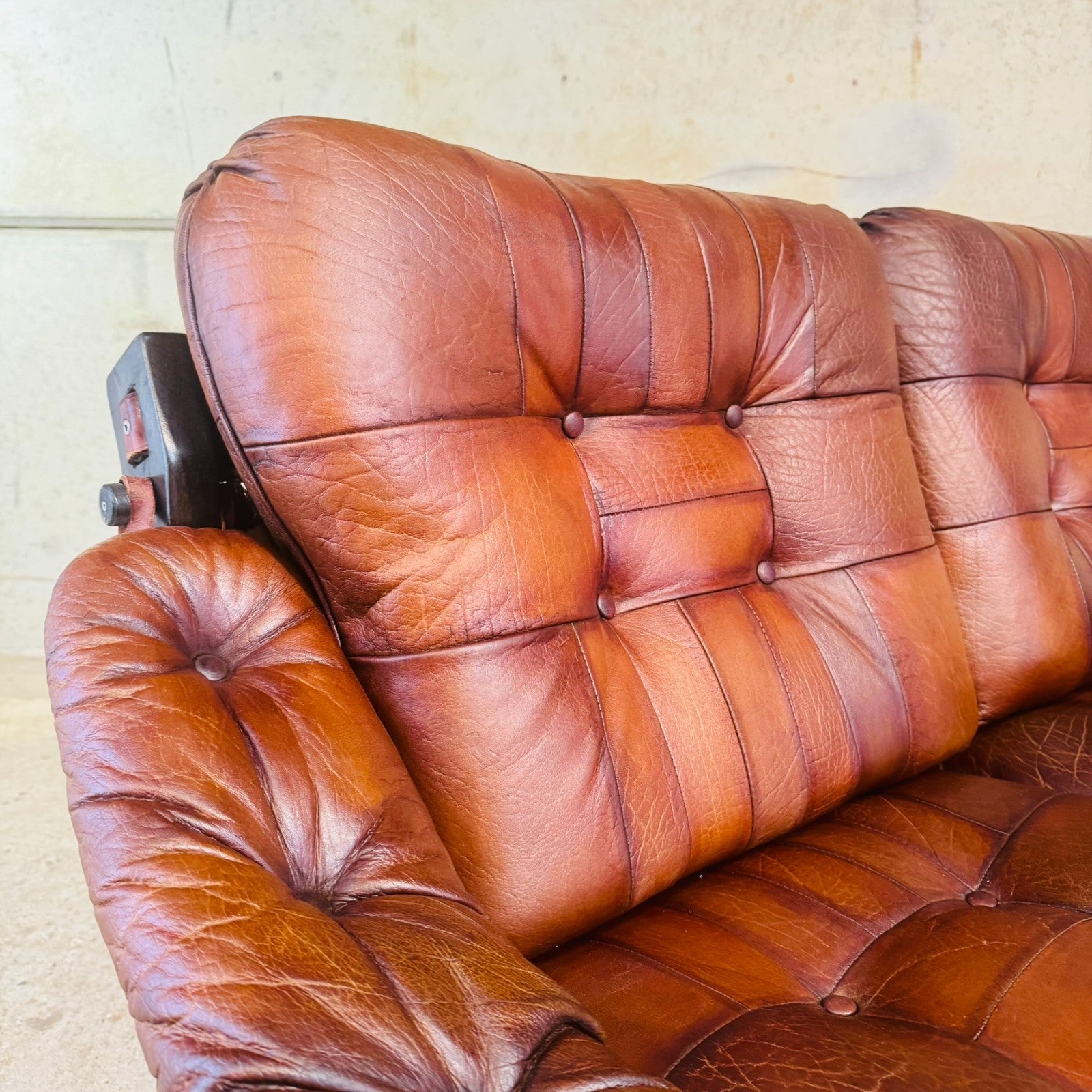 1970s Jean Gillon Brazilian Oak & Tan Leather Three-Seater Sofa