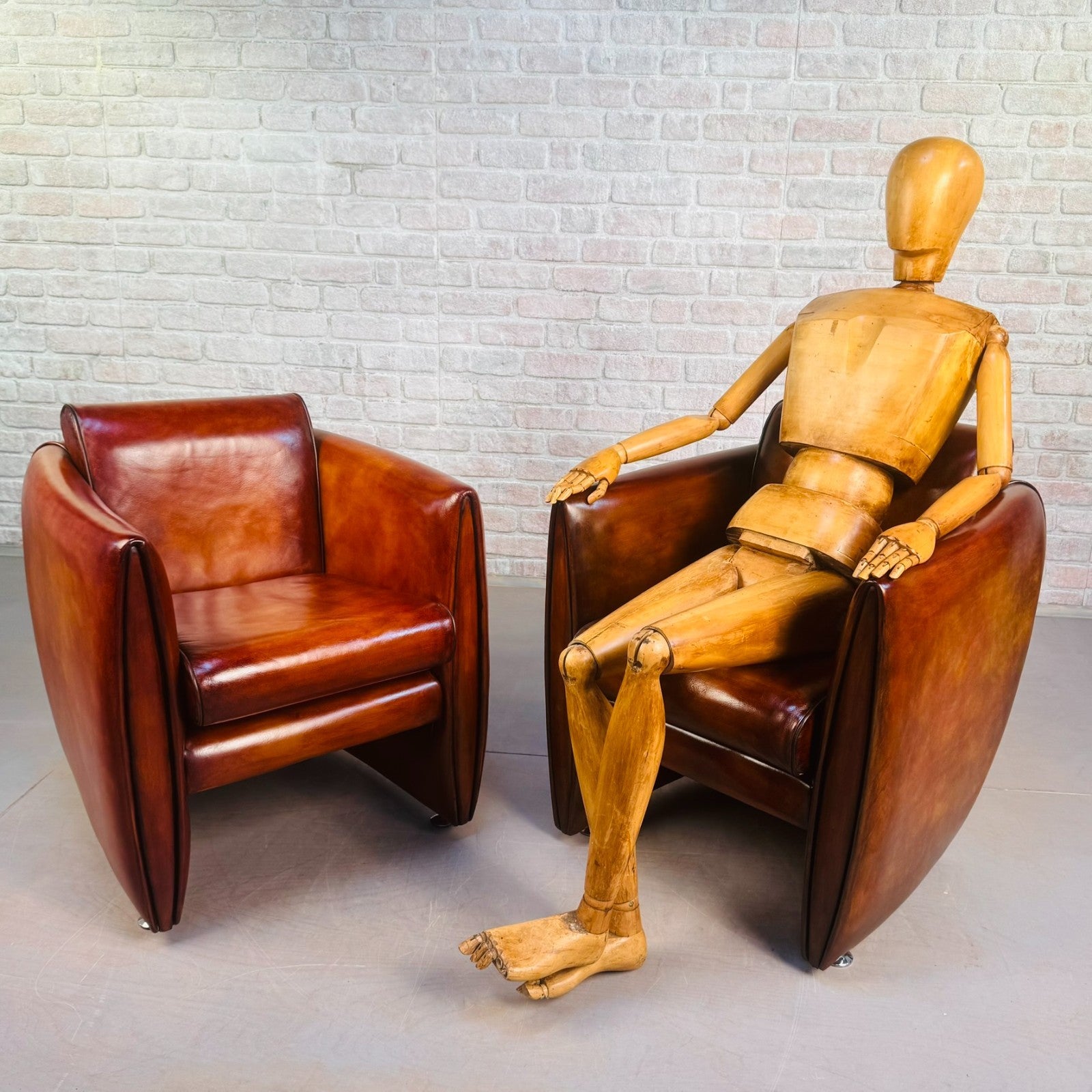 Neat Pair of Contemporary Danish Tan Leather Armchairs – Compact, Comfortable
