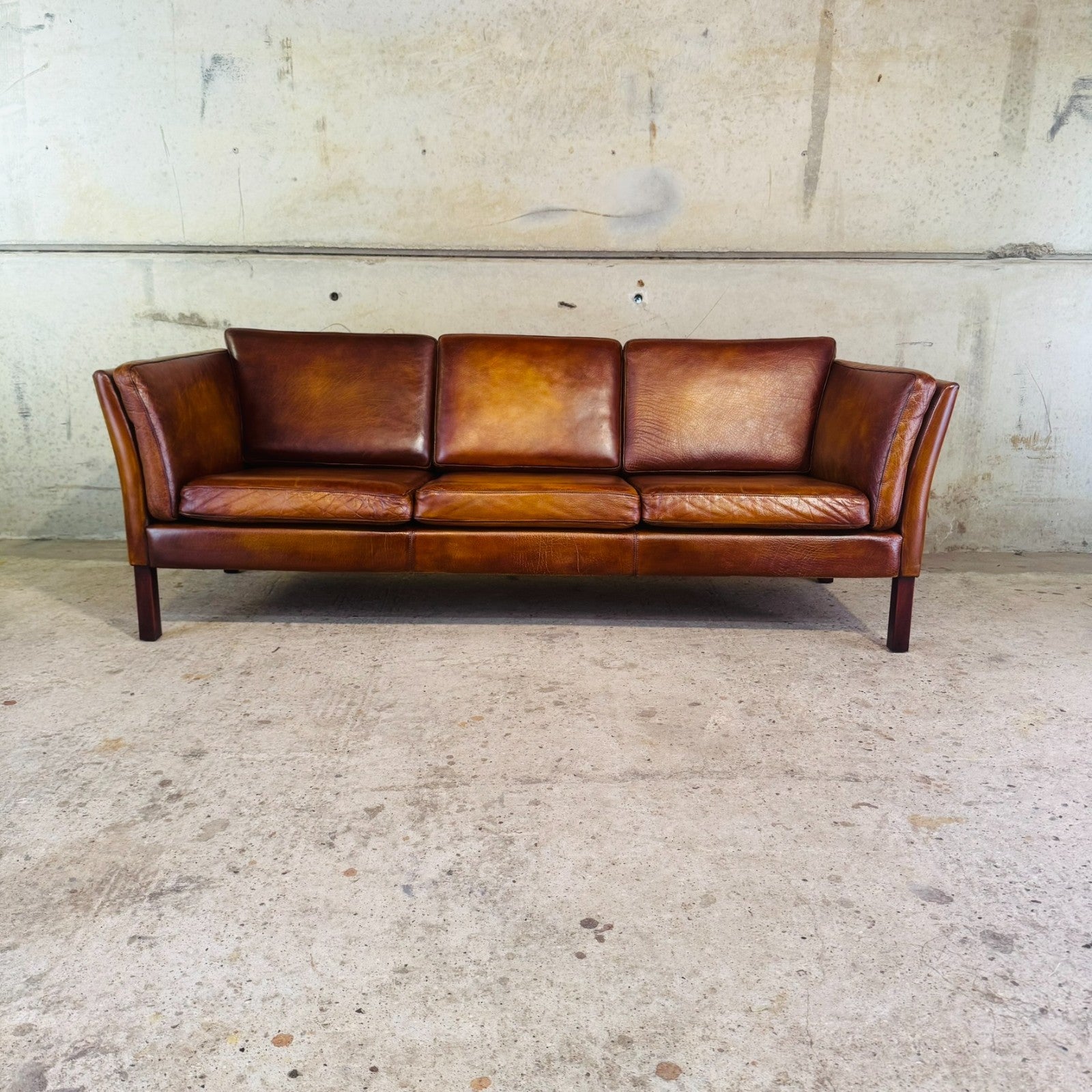 Danish Vintage Tan Leather 3 Seater Sofa — Sleek & Elegant