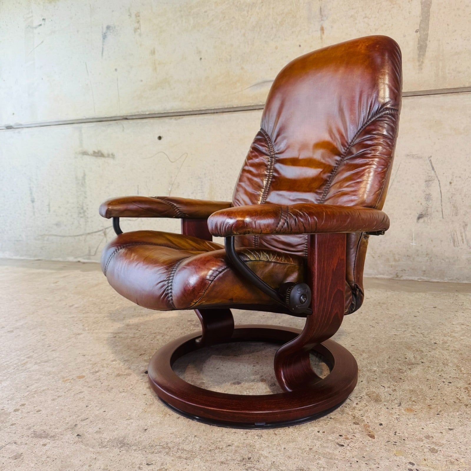 Vintage Ekornes Tan Leather Swivel Recliner Chair — Compact Design