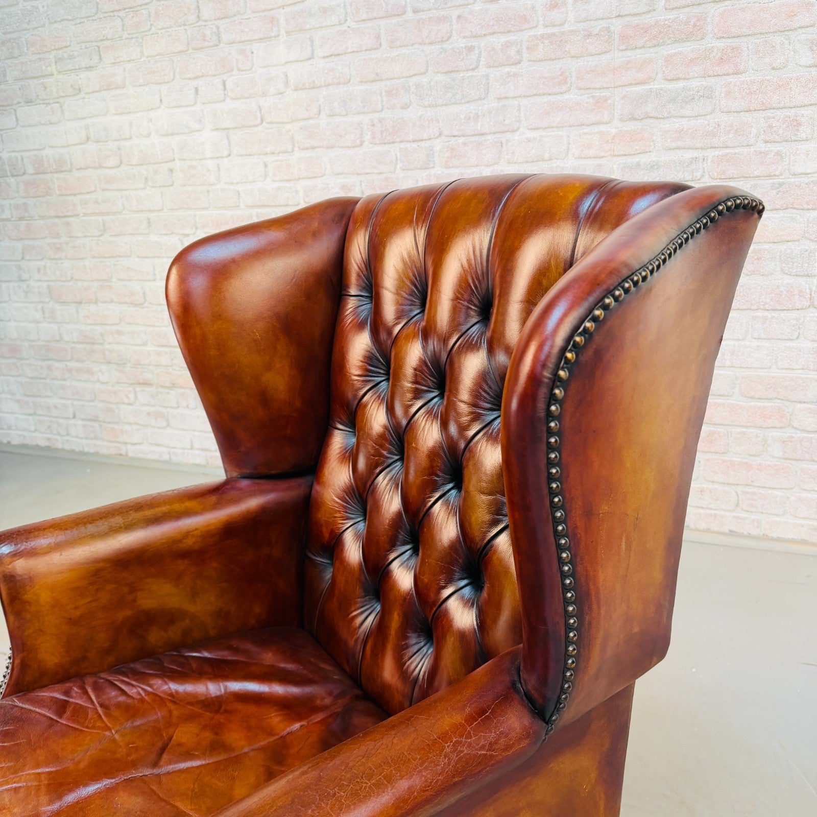 Vintage Danish Tan Hand-Dyed Leather Wingback Chair