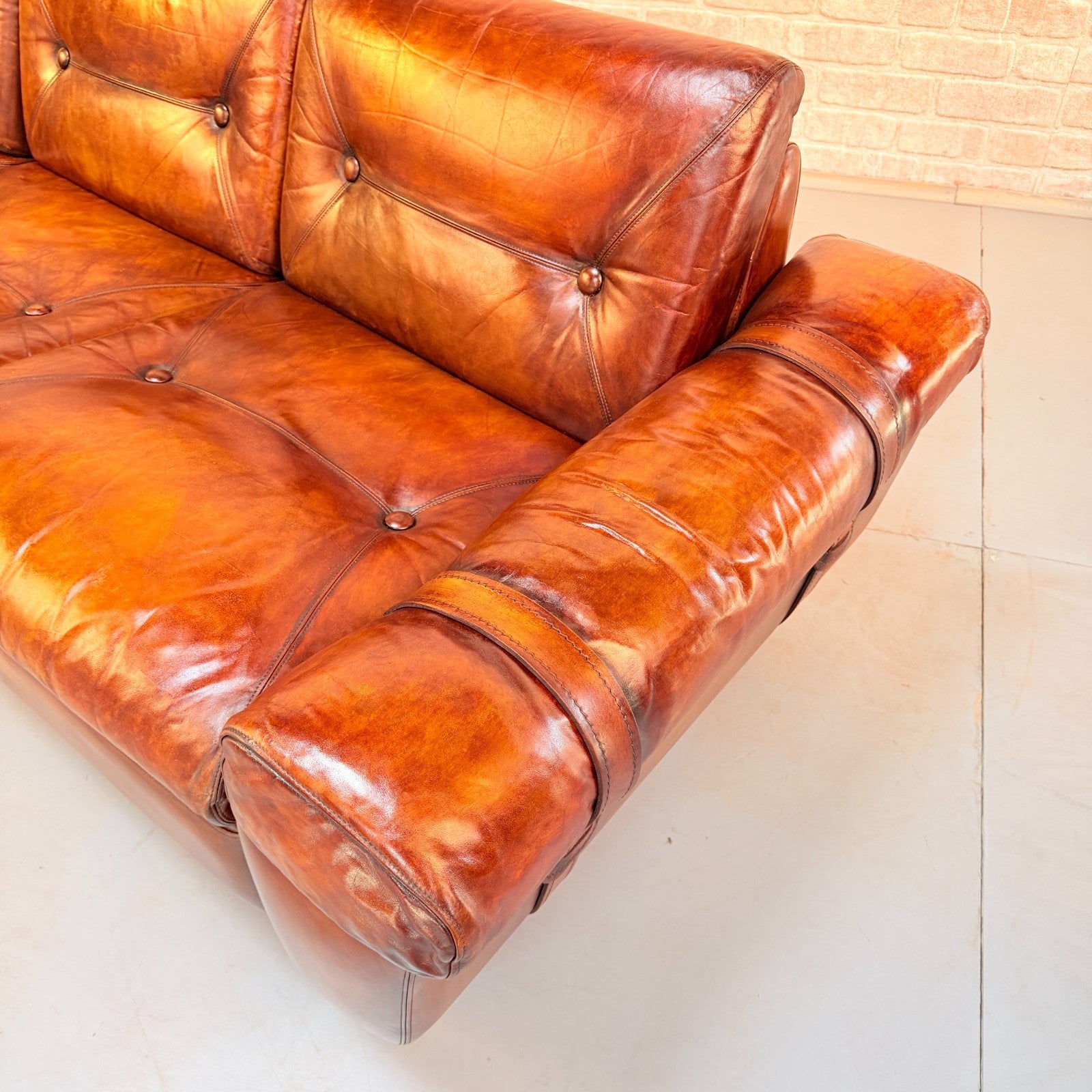 Vintage Svend Skippers Danish Tan Leather 3 Seater Sofa Hand Dyed Patina
