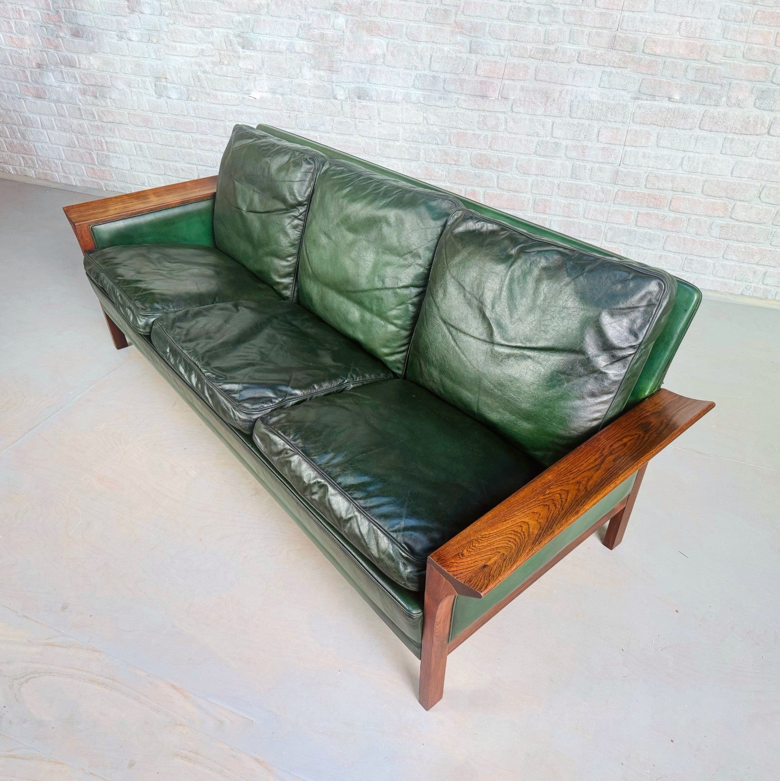 1960s Danish Green Leather Three-Seater Sofa & His & Hers Armchairs Golstrup