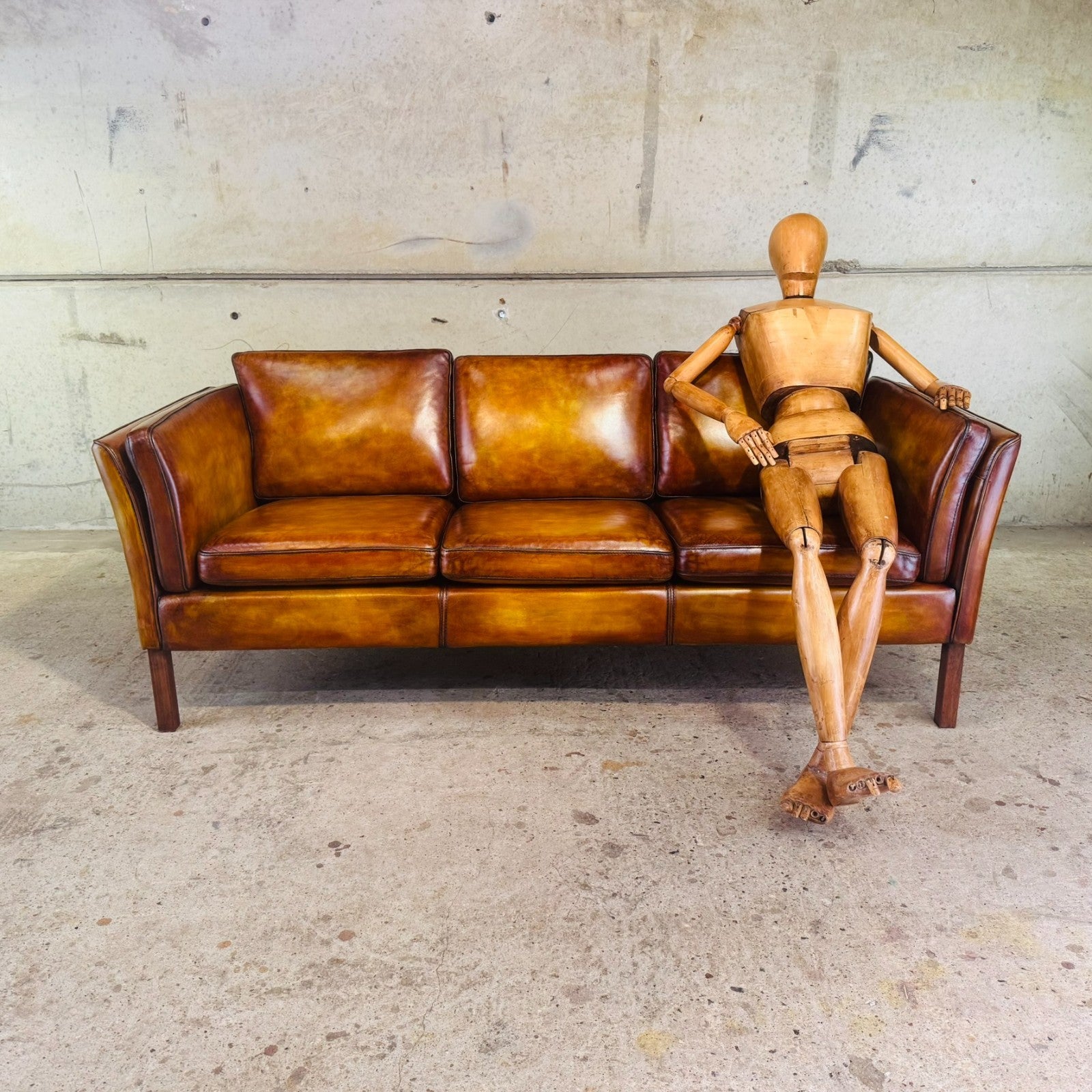 Vintage Danish Light Tan Leather Three-Seater Sofa