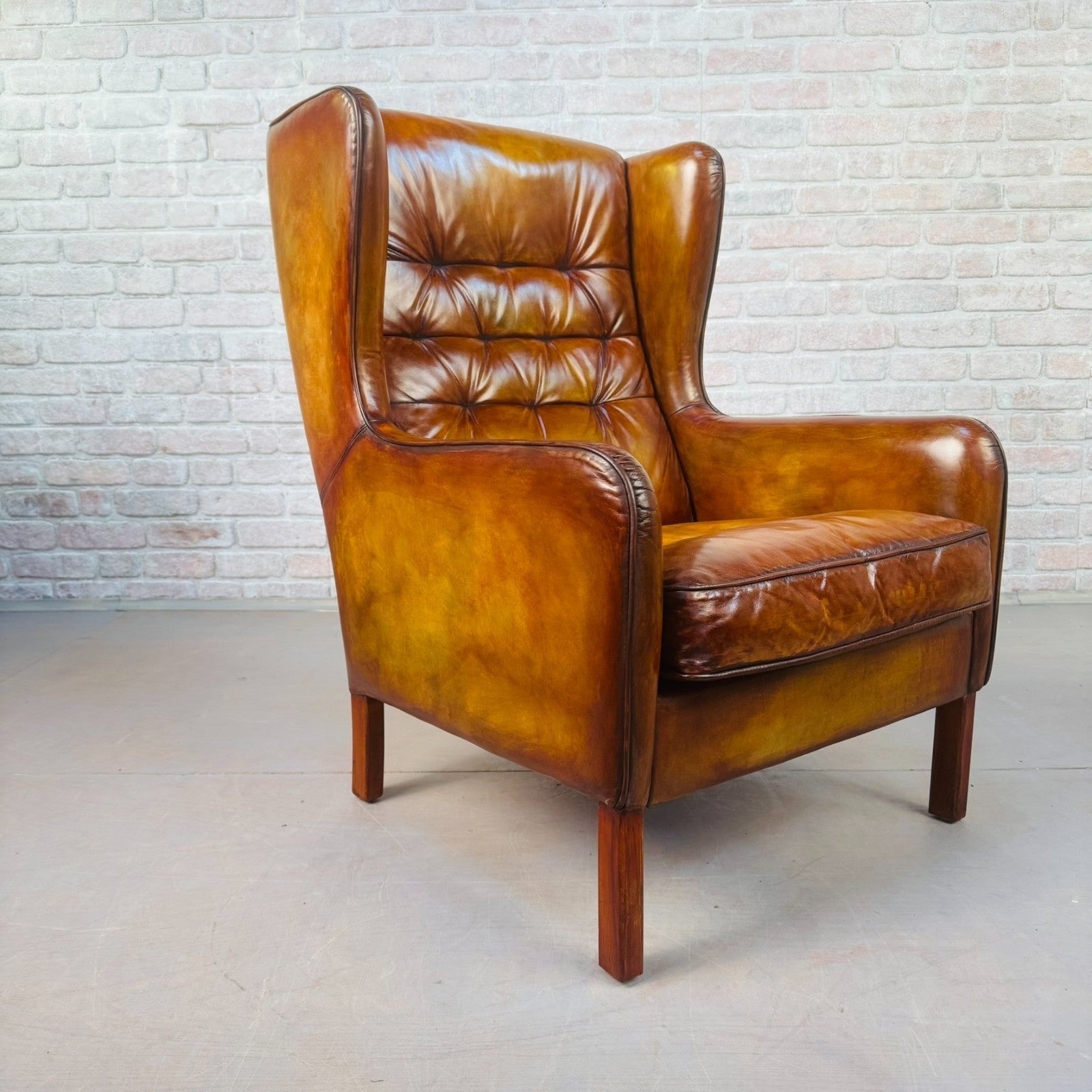 Vintage Danish High Back Light Tan Leather Armchair Mid Century Lounge Chair