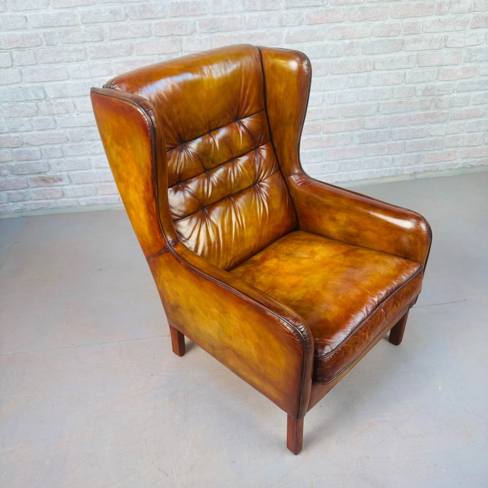 Vintage Danish High Back Light Tan Leather Armchair Mid Century Lounge Chair