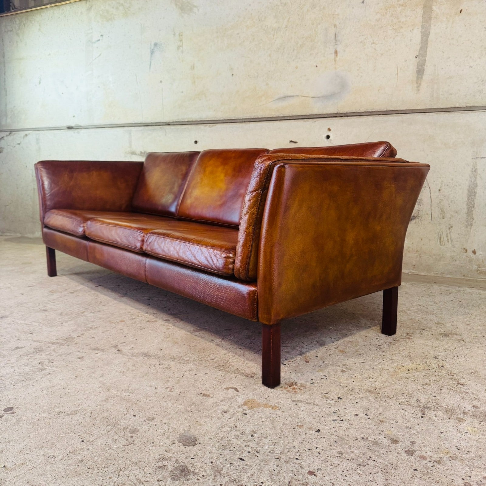 Danish Vintage Tan Leather 3 Seater Sofa — Sleek & Elegant