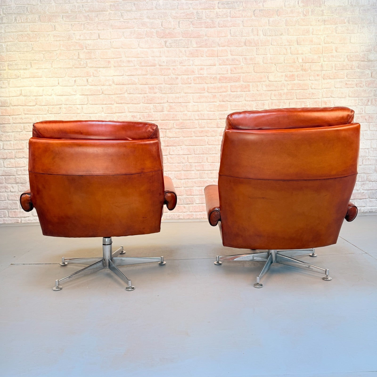 Pair 1970s Howard Keith His & Hers Cognac Leather Swivel Armchairs Vintage