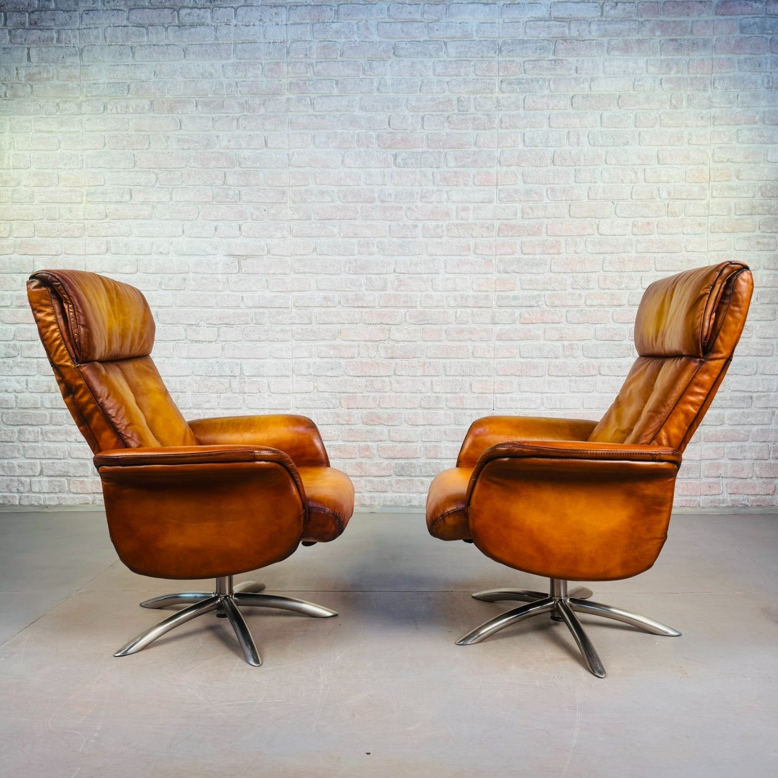 Vintage Pair of Danish High Back Swivel Recliner Chairs – Light Tan Leather
