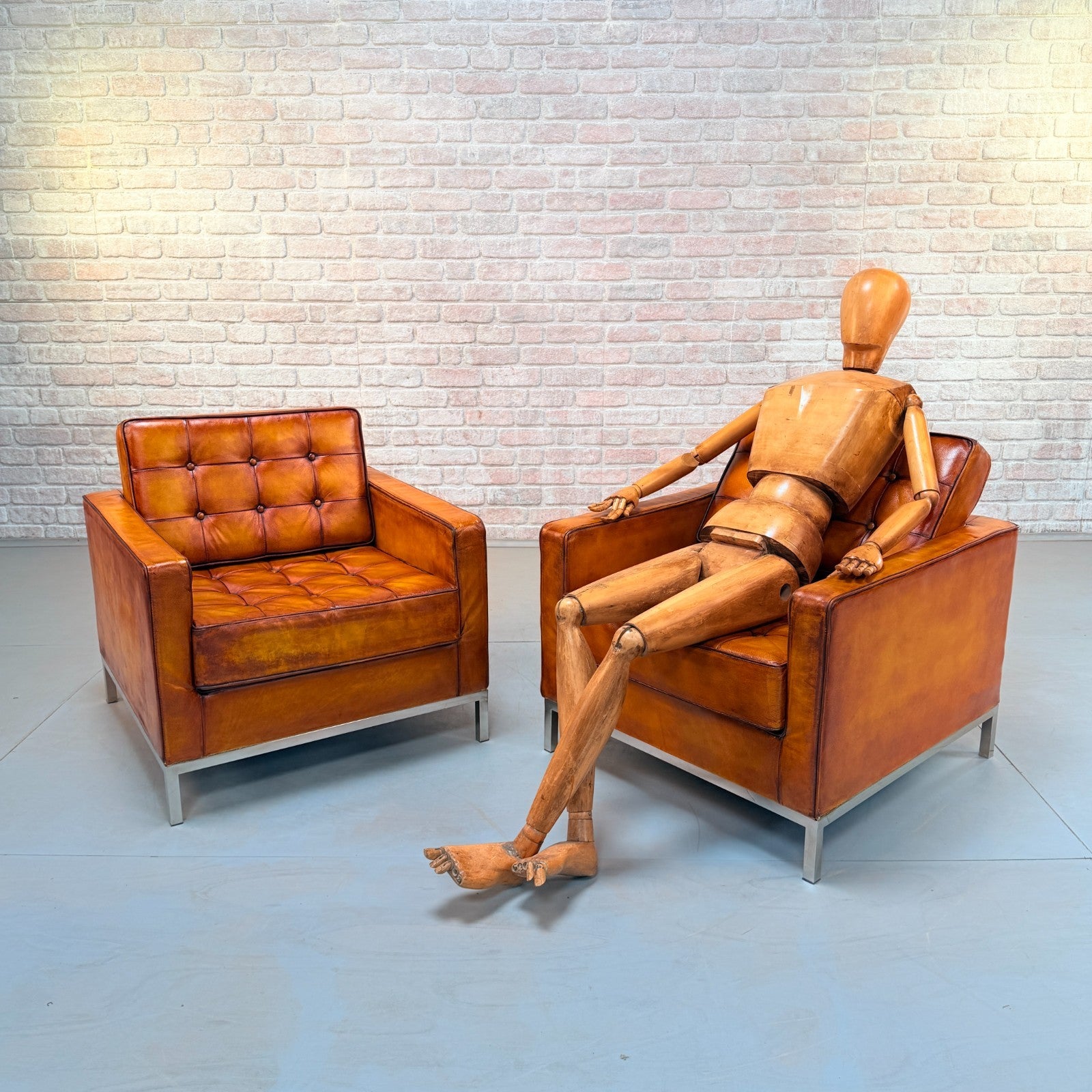 Vintage Pair of Florence Knoll Style Tan Leather Armchairs