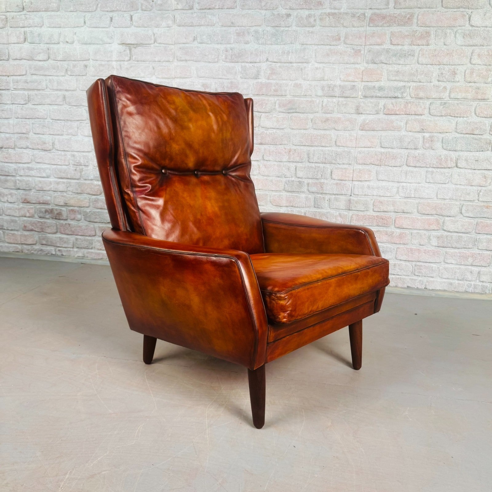 Vintage Danish Cognac Leather High Back Armchair by Skippers