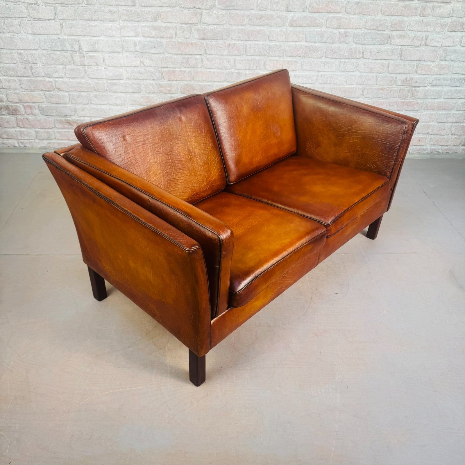 Vintage Danish Tan Leather 2 Seater Sofa Compact Mid Century Space Saver