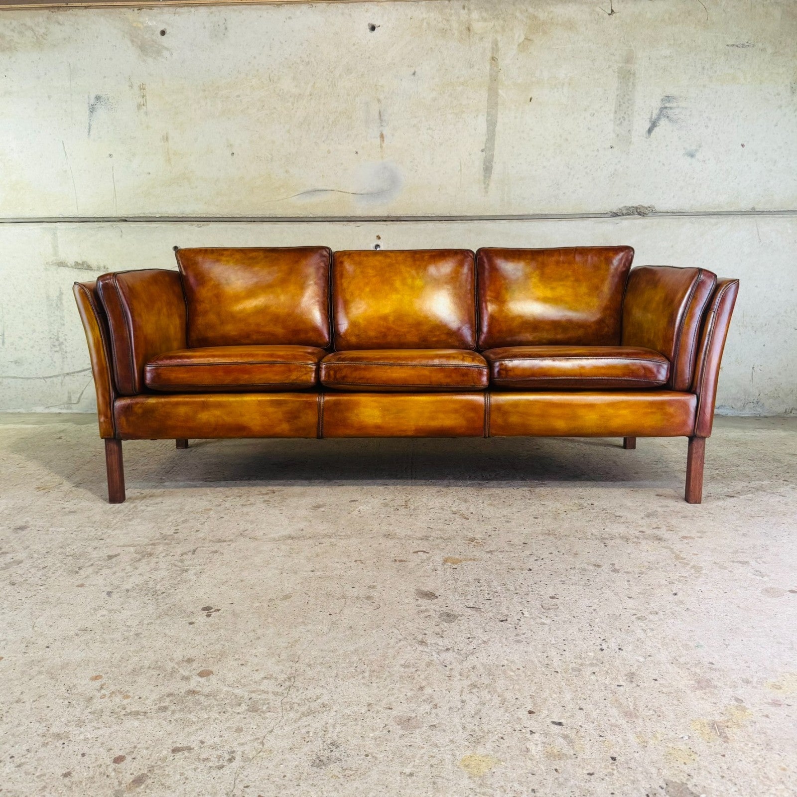 Vintage Danish Light Tan Leather Three-Seater Sofa