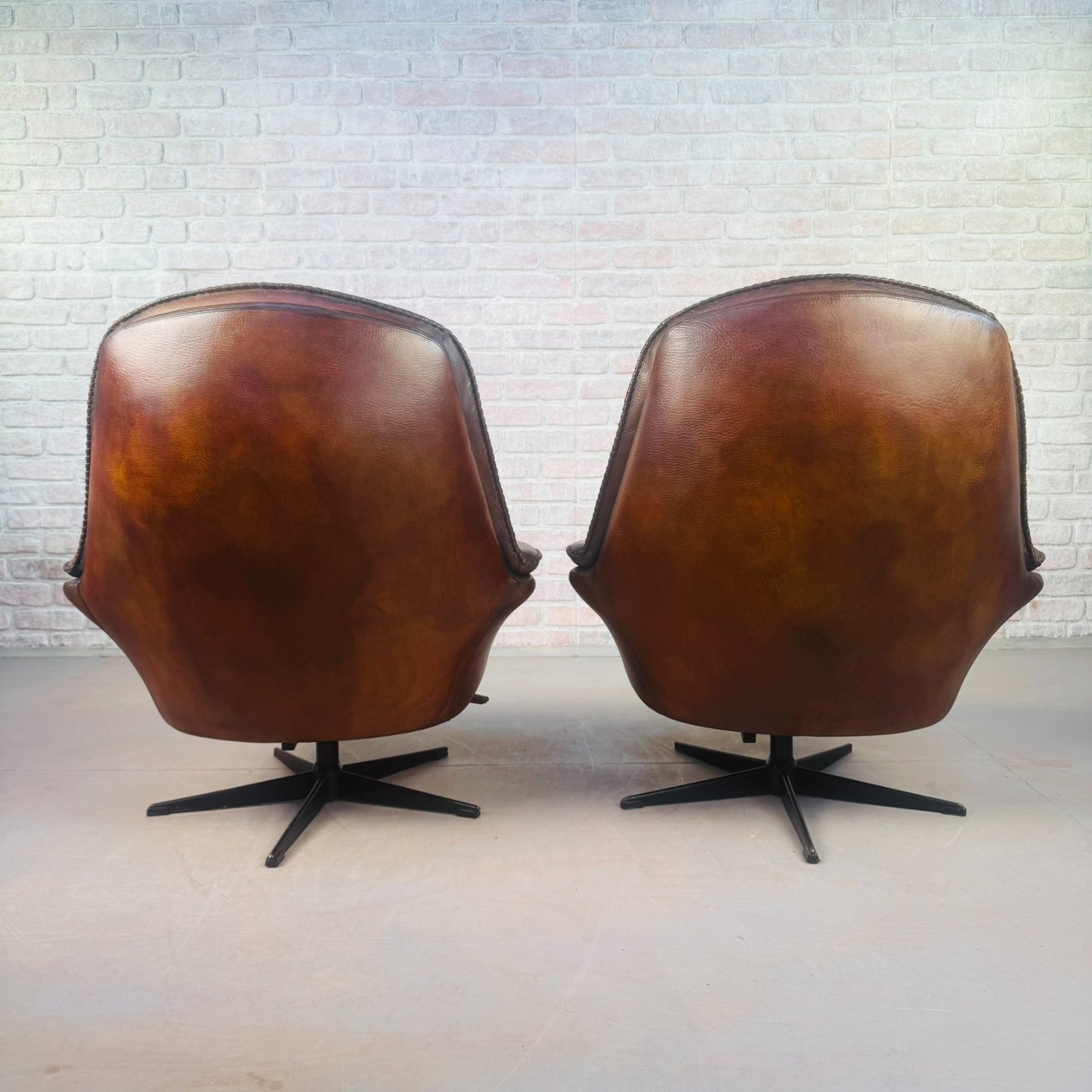 Vintage Pair 1970s Danish Berg Mobler Brown Leather Swivel Chairs Mid Century