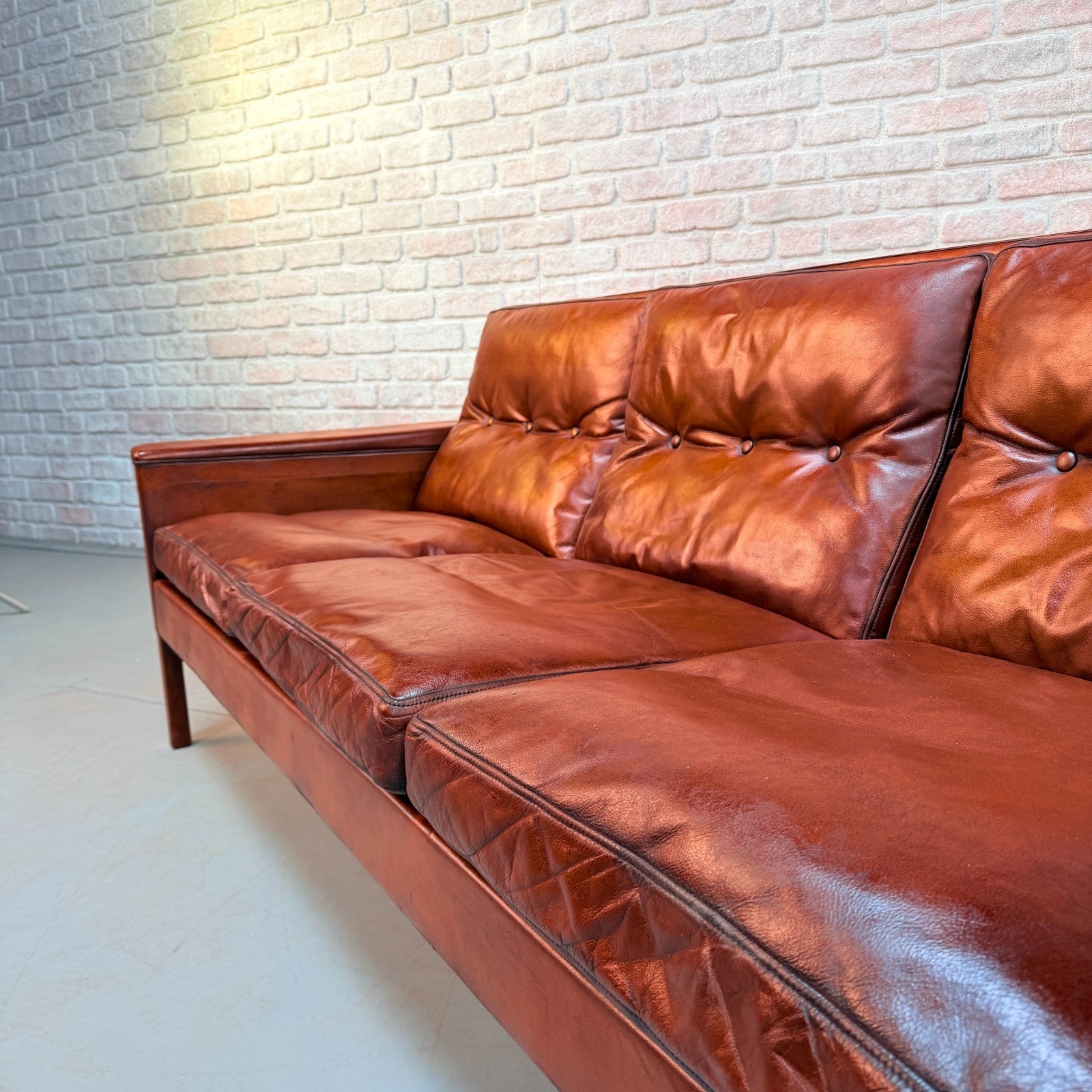 Vintage 1960s Danish Hans Olsen Brown Hand-Dyed Leather Three Seater Sofa