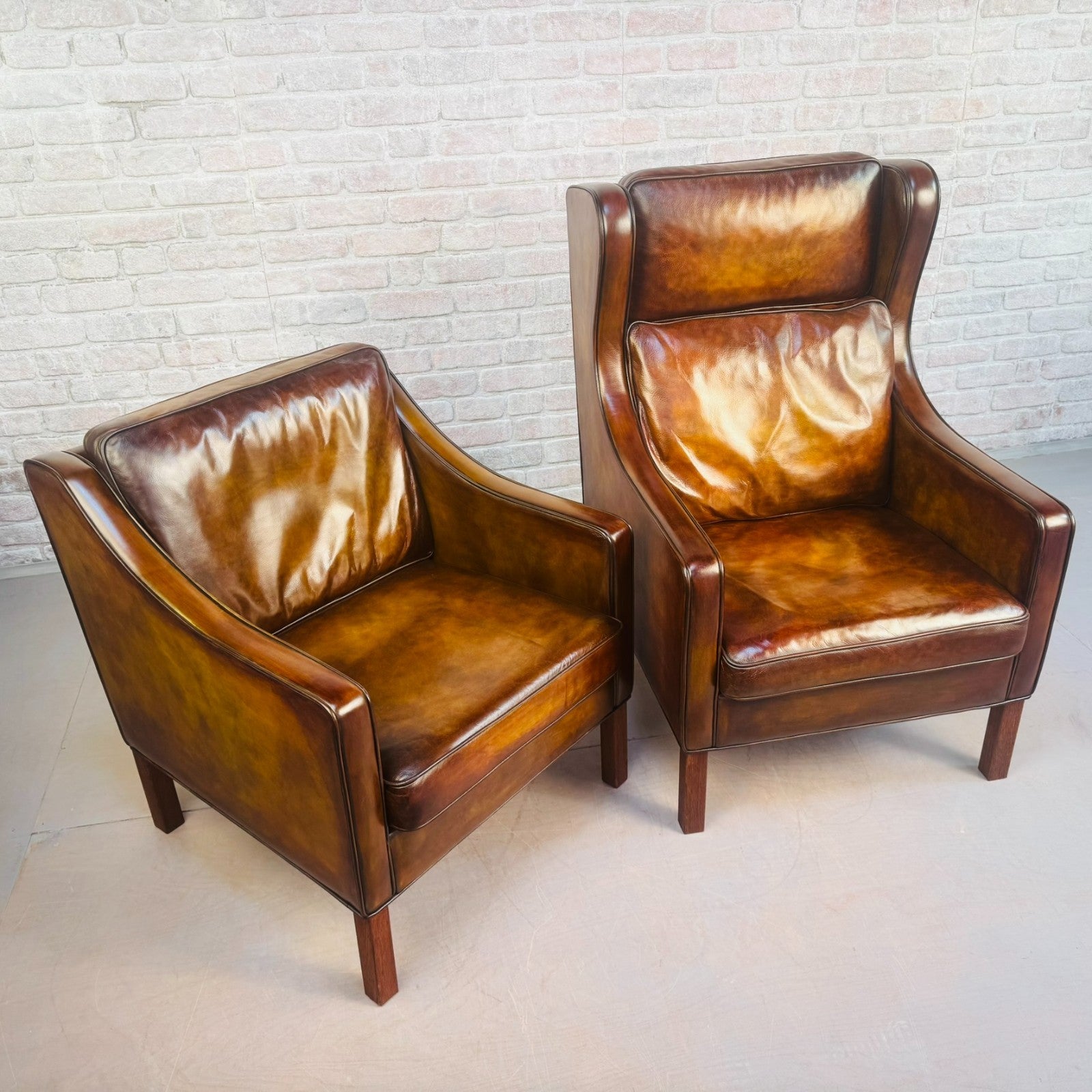 Vintage Danish His & Hers High Back Leather Chairs Pair Light Brown Armchairs