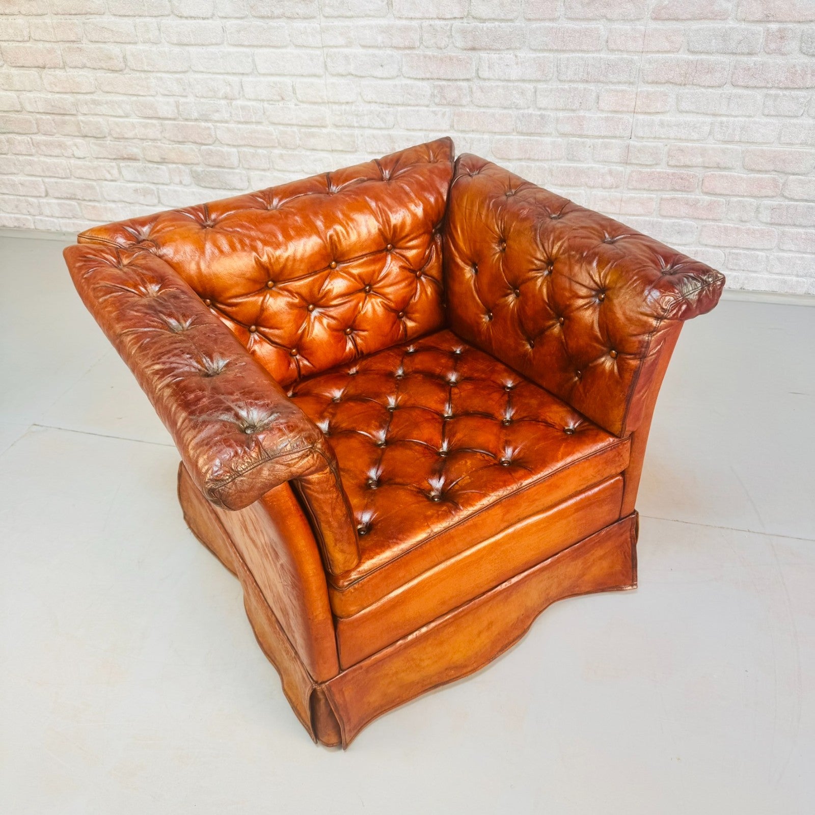 Vintage 1970s Danish Buttoned Tan Leather Armchair